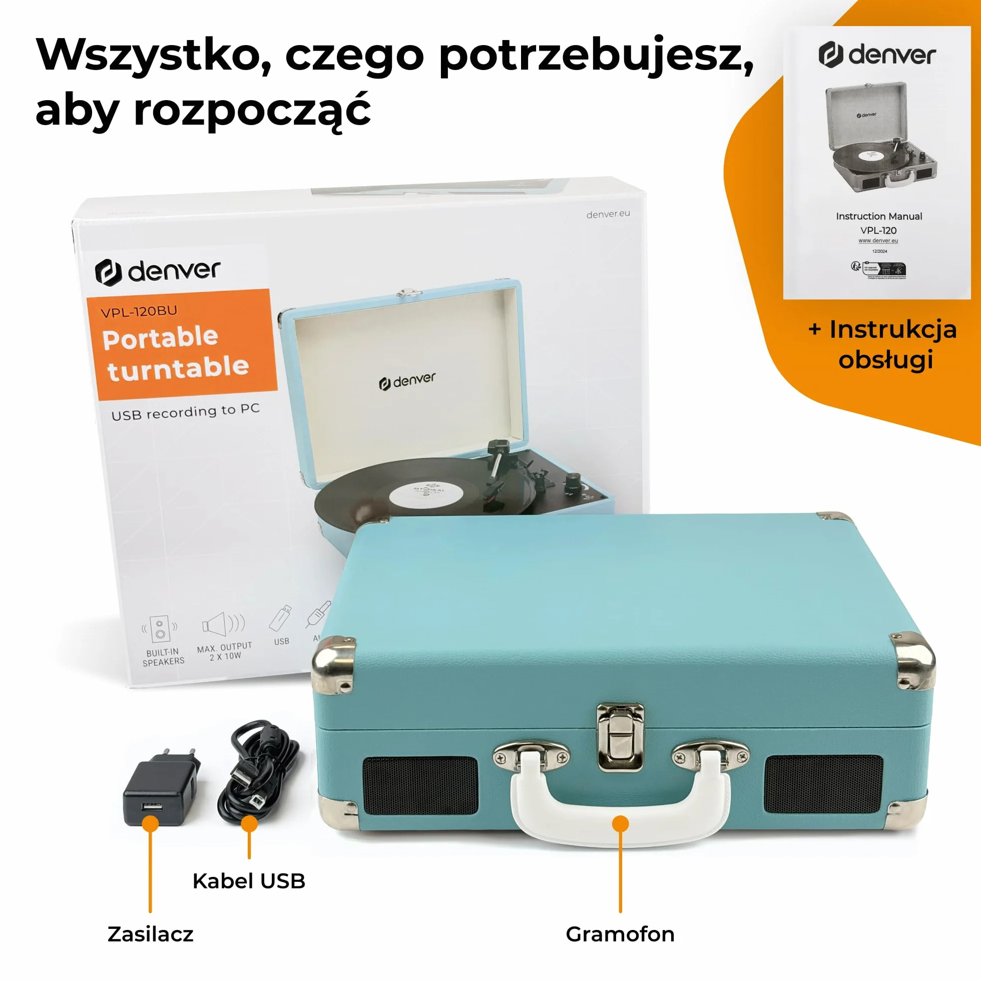 Denver VPL-120BU gramofon retro niebieski odtwarzacz winylowy USB automatyczne zatrzymanie