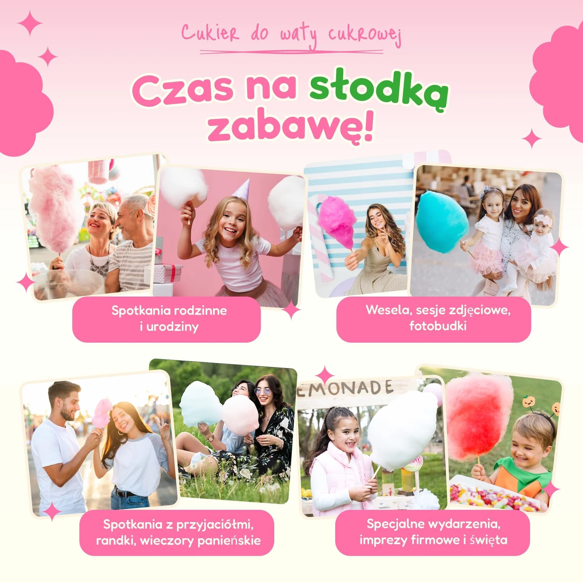 CANDY LAMA Zestaw cukrów do waty cukrowej, zestaw imprezowy 5 x 160g: Truskawka, Malina, Jabłko, Banan i Arbuz, w zestawie 20 patyczków do waty cukrowej, do maszynki