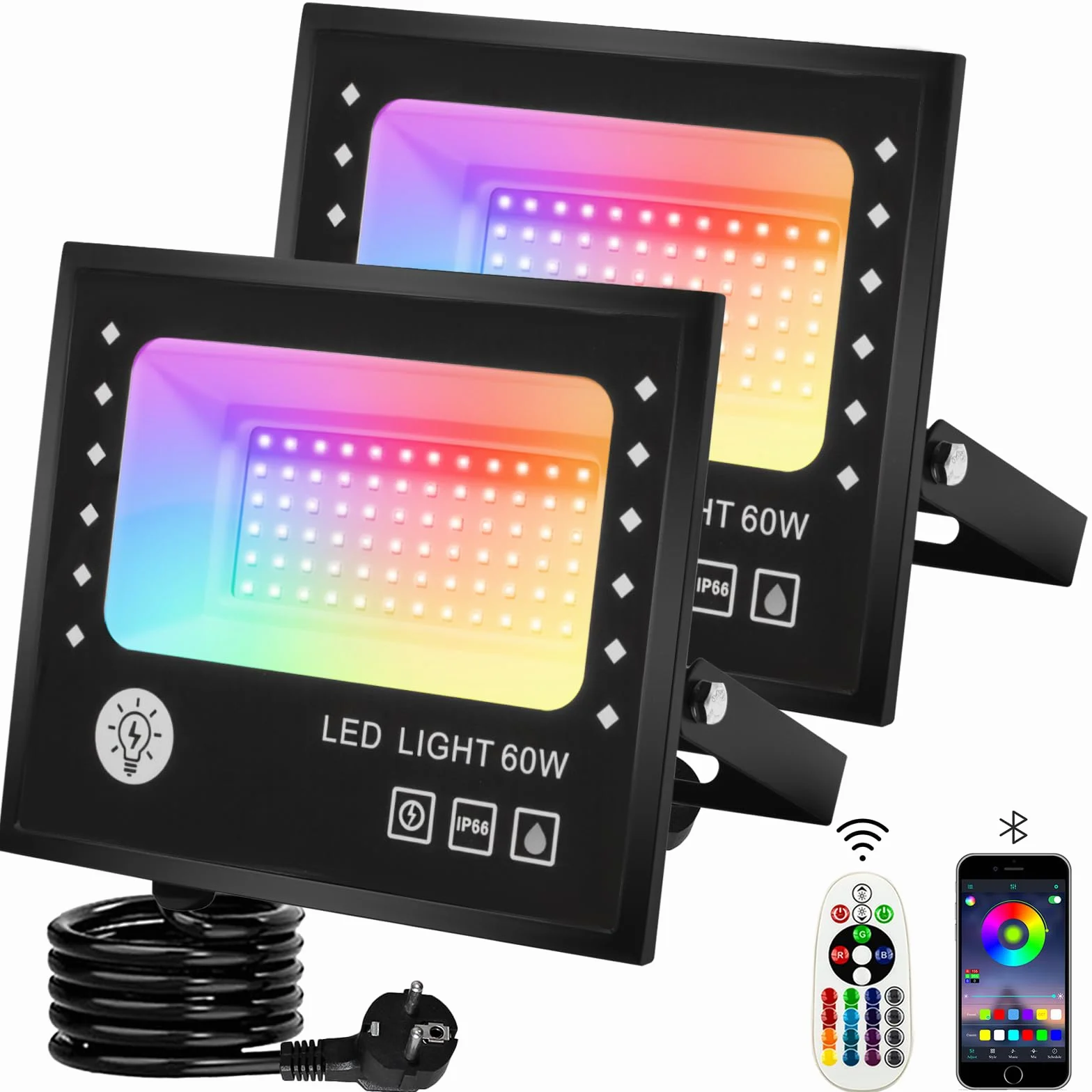 Reflektor zewnętrzny LED RGB 60 W, pilot zdalnego sterowania, aplikacja Bluetooth, 16 milionów kolorów i tryb stroboskopowy, timer, 6000 lm, 2700 K, IP66, 2 sztuki