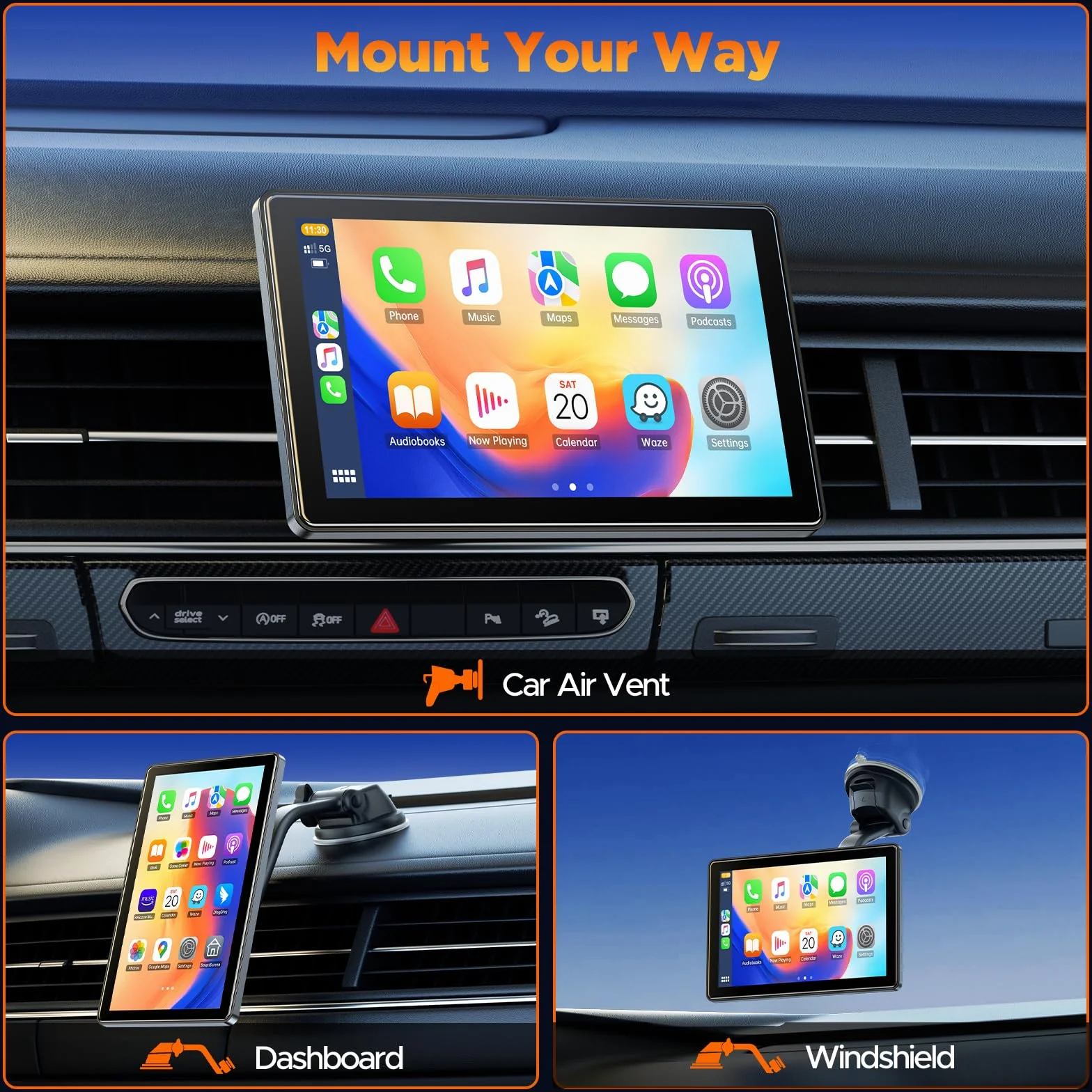 Volam Wyświetlacz Carplay 17.8 cm z funkcją A-pple Carplay Android Auto, ekran poziomy i pionowy, uchwyt magnetyczny, przenośne samochodowe stereo z nawigacją na żywo, sterowanie głosowe, łącze
