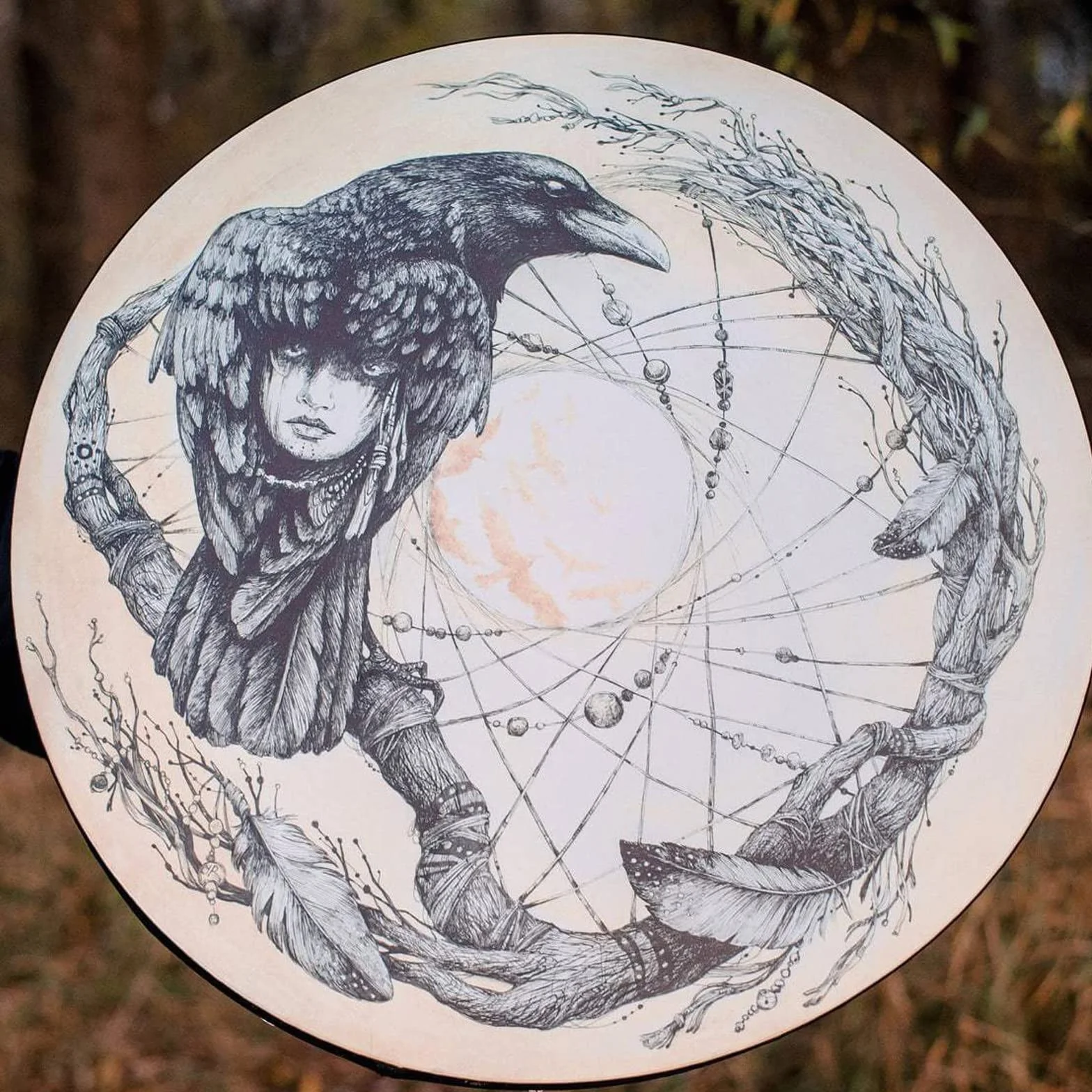 Bęben Szamański, Instrumentalna Alchemia Szamańska Bębny Księżycowe Poliester Imitacja Skóry Owczej Vintage Okrągły Instrument Uzdrowiciel Dźwięku Narzędzie do Duchowej (25cm