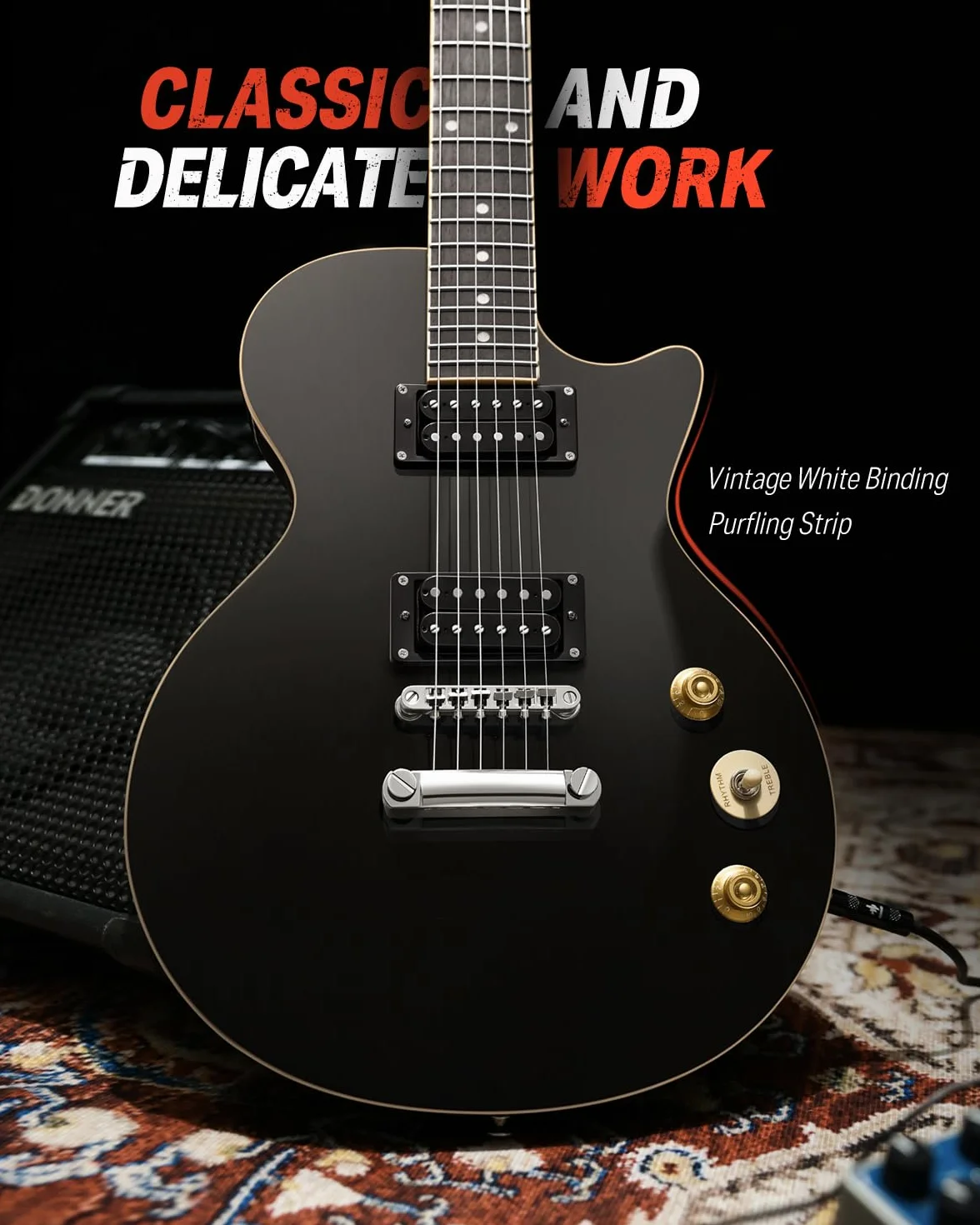 Donner Gitara elektryczna zestaw gitar elektrycznych w stylu LP 39 cali pełny rozmiar z torbą, paskiem, kablem (czarny)