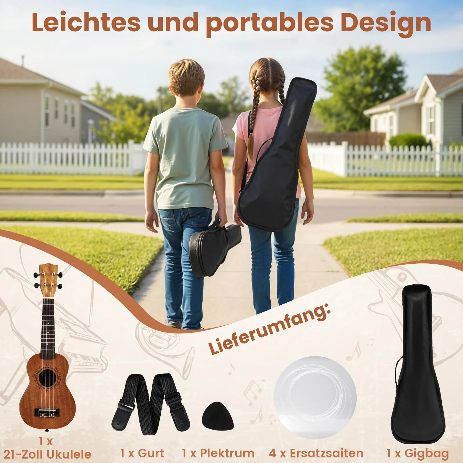 COSTWAY Ukulele sopranowe, drewniane ukulele 21", zestaw startowy z torbą, pick, tunerem, gęstymi i dodatkowymi strunami nylonowymi, w stylu vintage, mała gitara w stylu vintage, dla dzieci, dorosłych