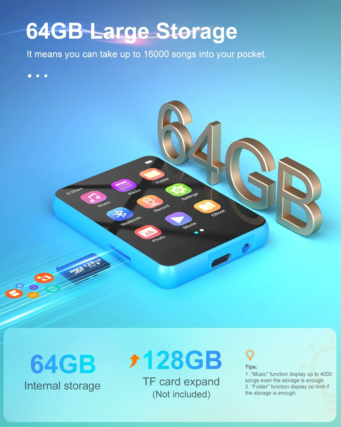 64 GB odtwarzacz MP3 z Bluetooth 5.0, przenośny odtwarzacz muzyki HIFI z głośnikiem, ekran 2,4" Full Touch, E-Book, budzik, radio FM, dyktafon, obsługa do 128 GB