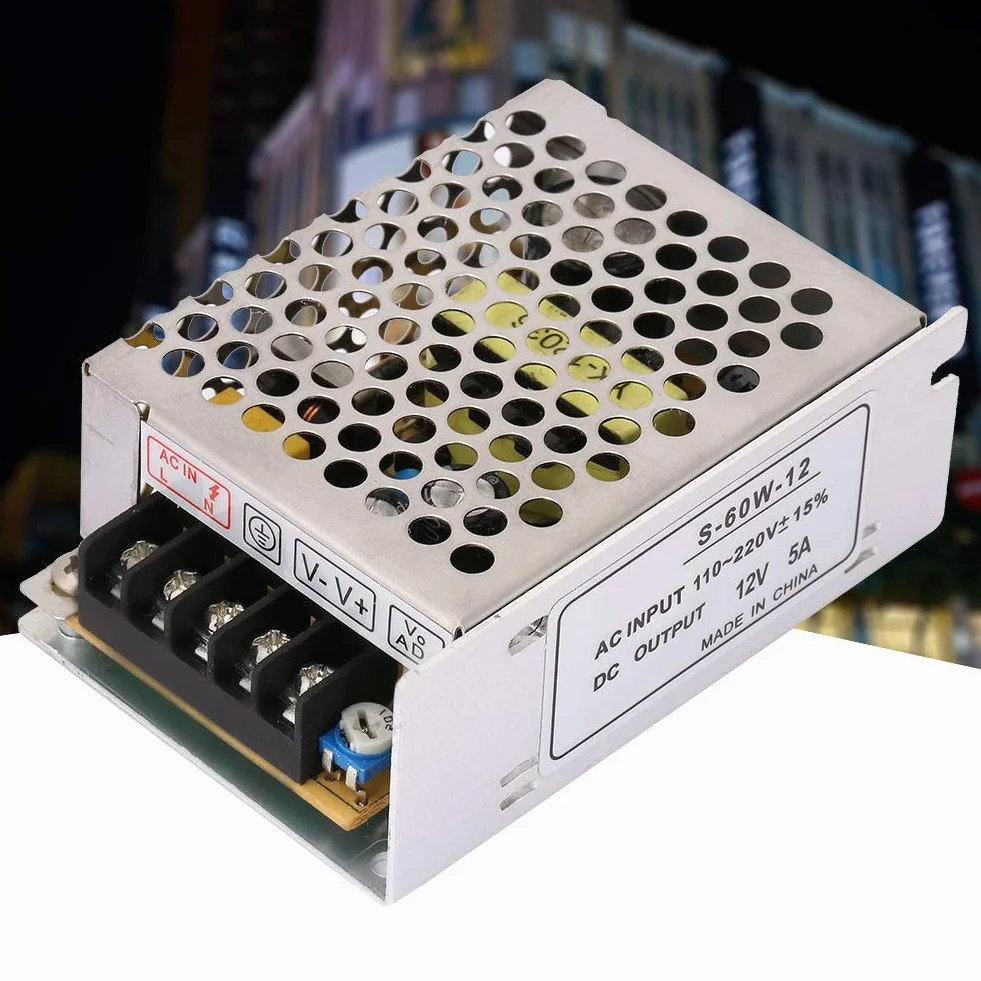 KSTE Zasilacz impulsowy 12 V, 5 A 12 V, uniwersalny wyłącznik zasilania – AC/DC, regulowany zasilacz impulsowy do zasilacza LED