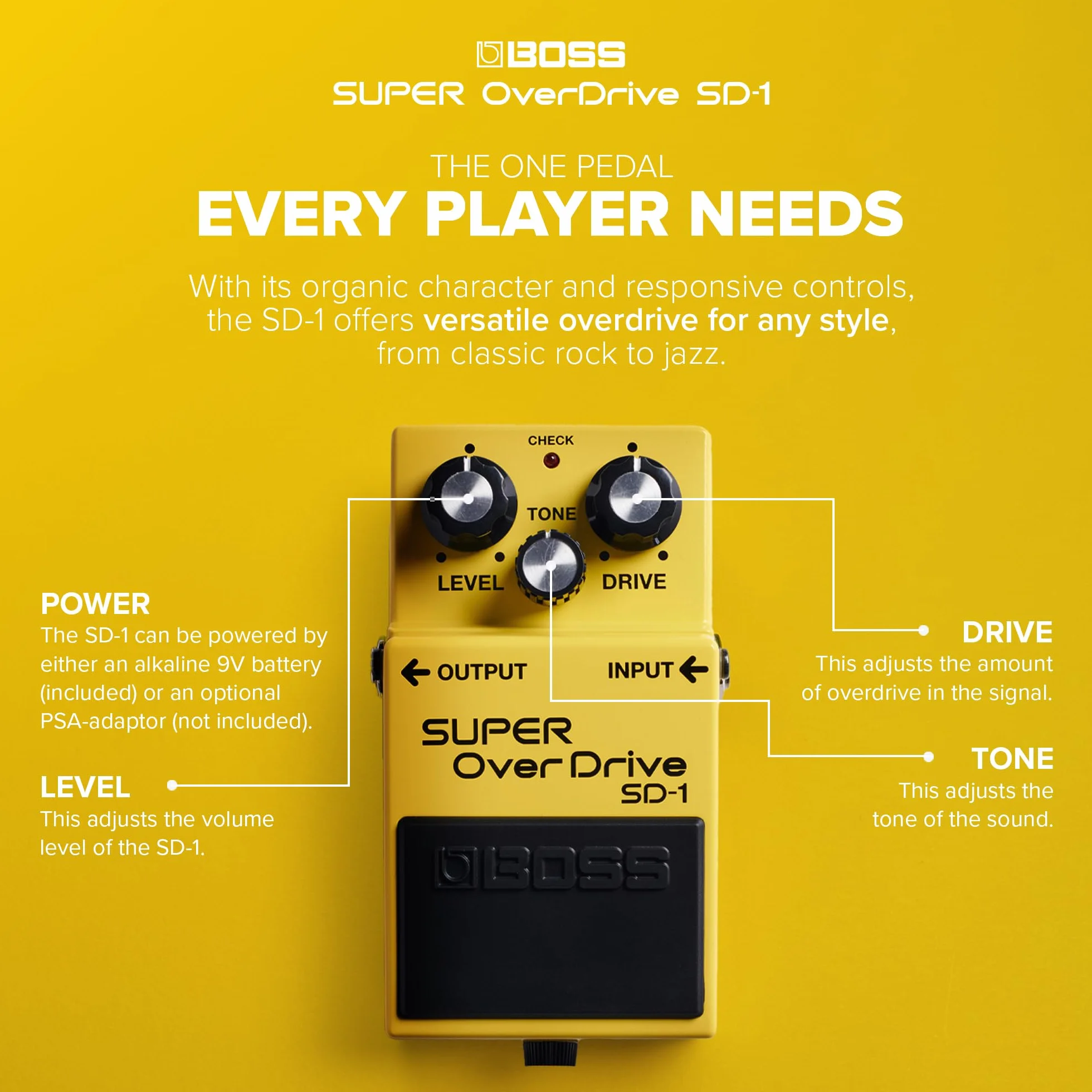 Efektu Gitarowy BOSS SD-1 SUPER OverDrive | Definiujący Gatunek Dźwięk Overdrive | Od Łagodnych do Umiarkowanych Brzmień Drive | Idealny do Użytku Wzmacniaczami typu Clean | 5-letnia Gwarancja
