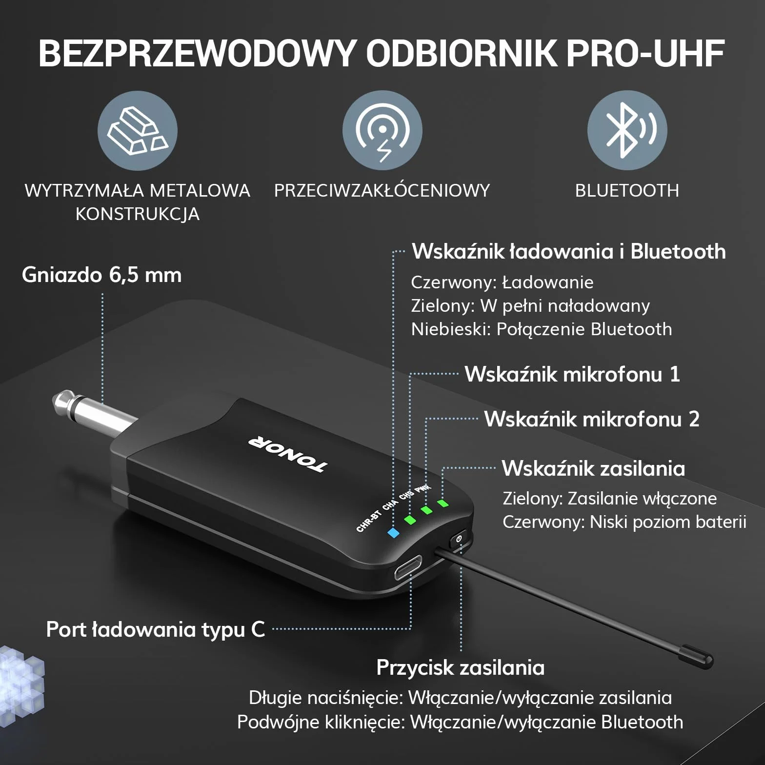 TONOR TW720 Bezprzewodowy Mikrofon Dynamiczny, Bluetooth, 2x25 UHF, 100 m