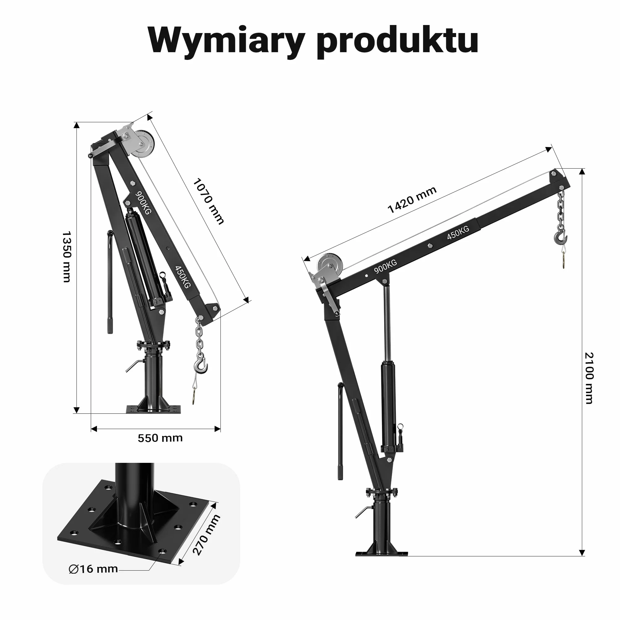 Wiltec Żuraw hydrauliczny do załadunku 900 kg, obrotowy 360° z wyciągarką linową, stabilny podnośnik do pojazdów transportu, pickupów i warsztatu