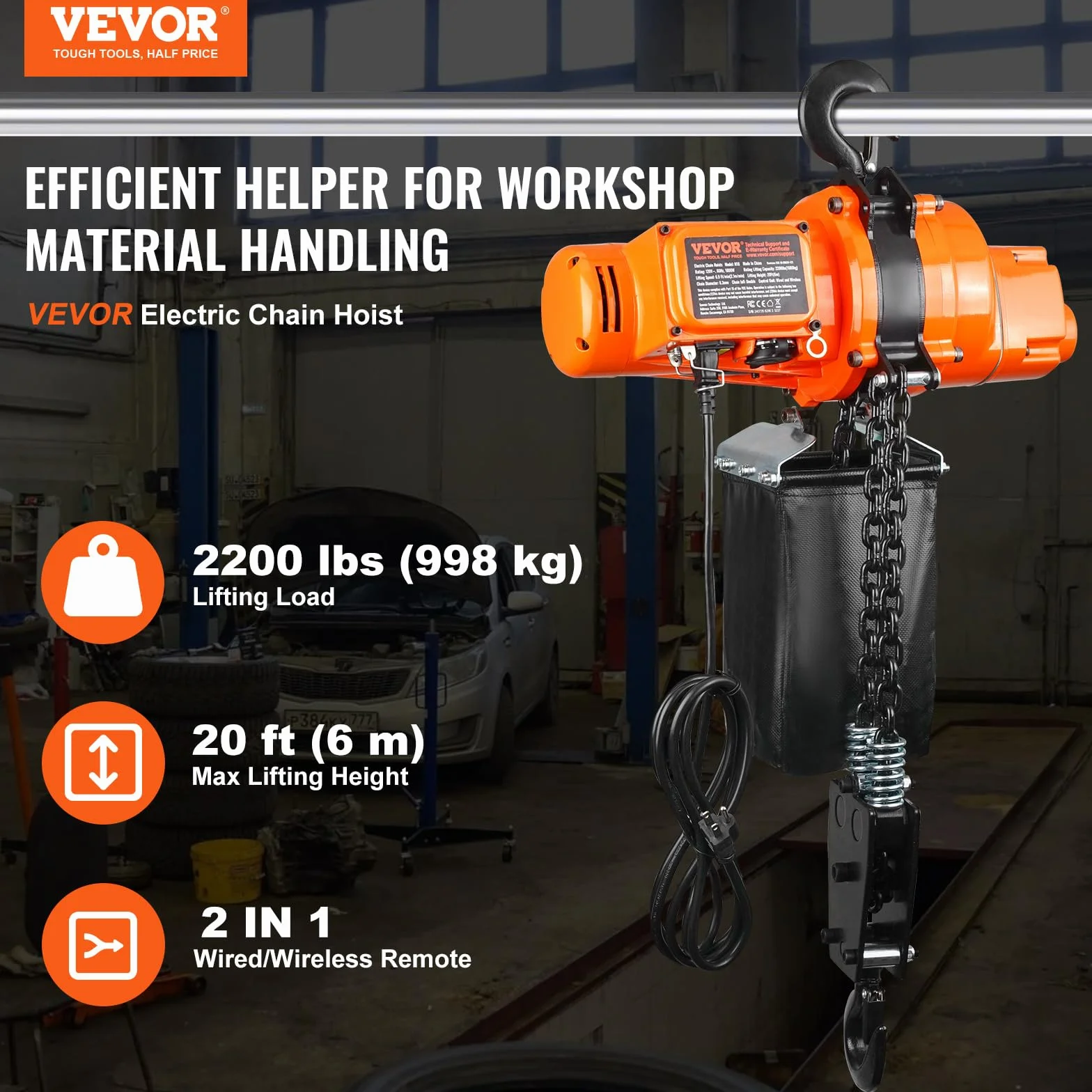 VEVOR Elektryczny wciągnik łańcuchowy, nośność 998 kg, wysokość podnoszenia 6 m, jednofazowy żuraw mostowy 230 V z łańcuchem, bezprzewodowym pilotem zdalnego sterowania i przewodowym do garażu,