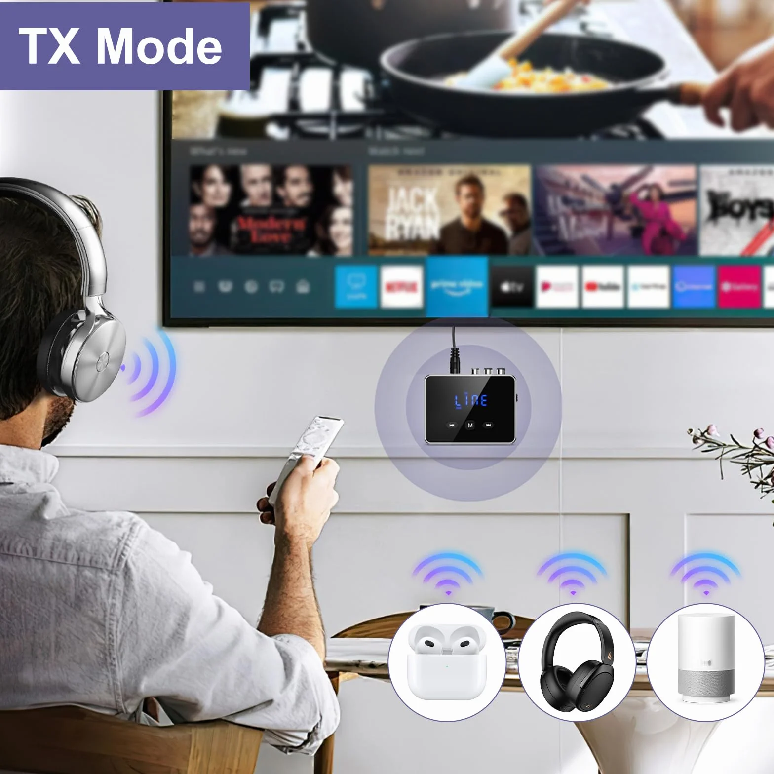 OQIMAXNadajnik Bluetooth 5.4, 3 w 1 adapter Bluetooth/AUX/RCA/optyczny, transmiter Low Latency, odbiornik do TV/PC, system stereo, obsługuje kartę TF/USB