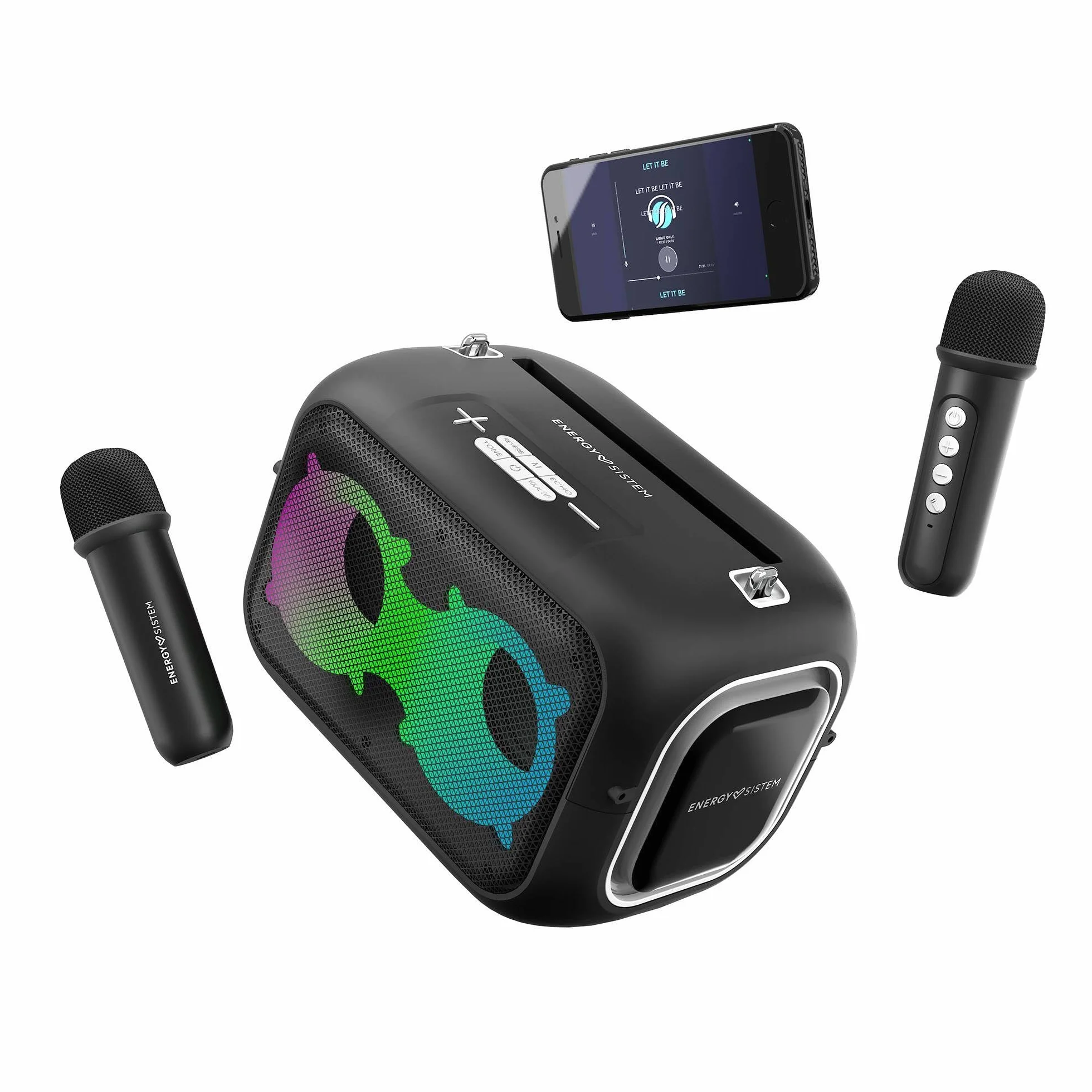 Energy Sistem Karaoke Star Party przenośny głośnik (Bluetooth 5.4, odtwarzacz MP3, światła LED, IPX4, 2 mikrofony, 8 godzin pracy na baterii)