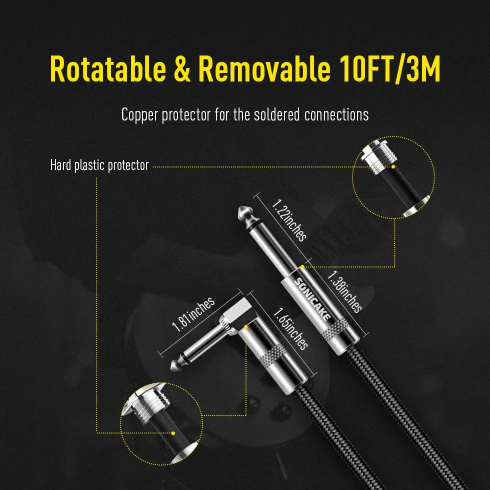 SONICAKE 3 m kabel do instrumentów gitarowych, 6,3 mm, ochrona przed hałasem, z wtyczką kątową i standardowym jack, czarny