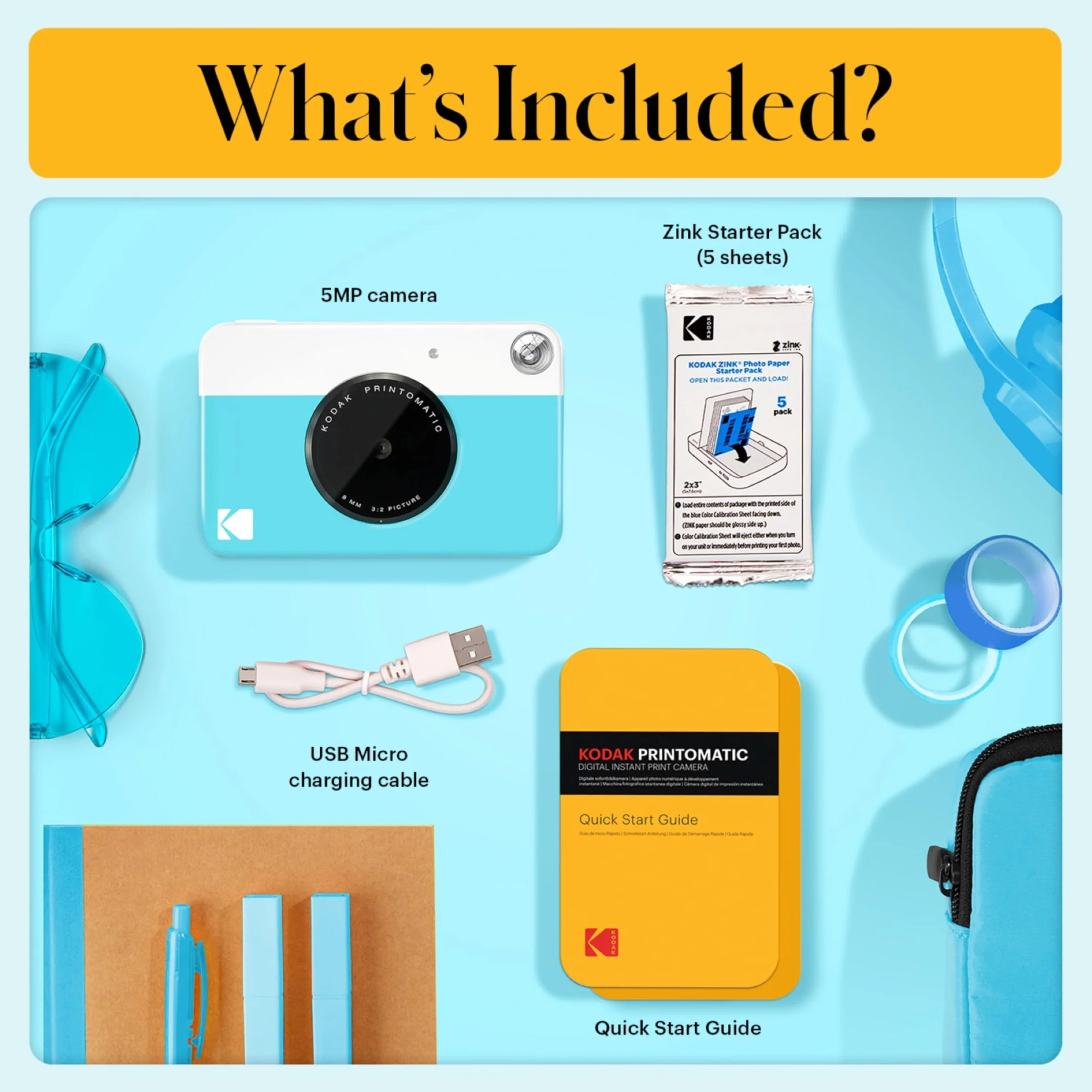 KODAK Printomatic Pełnokolorowy zestaw startowy aparatu do natychmiastowego drukowania + miękkie etui + cynk 20 sztuk papieru fotograficznego, kolorowe zdjęcia na papierze samoprzylepnym 5 x 7,6 cm,
