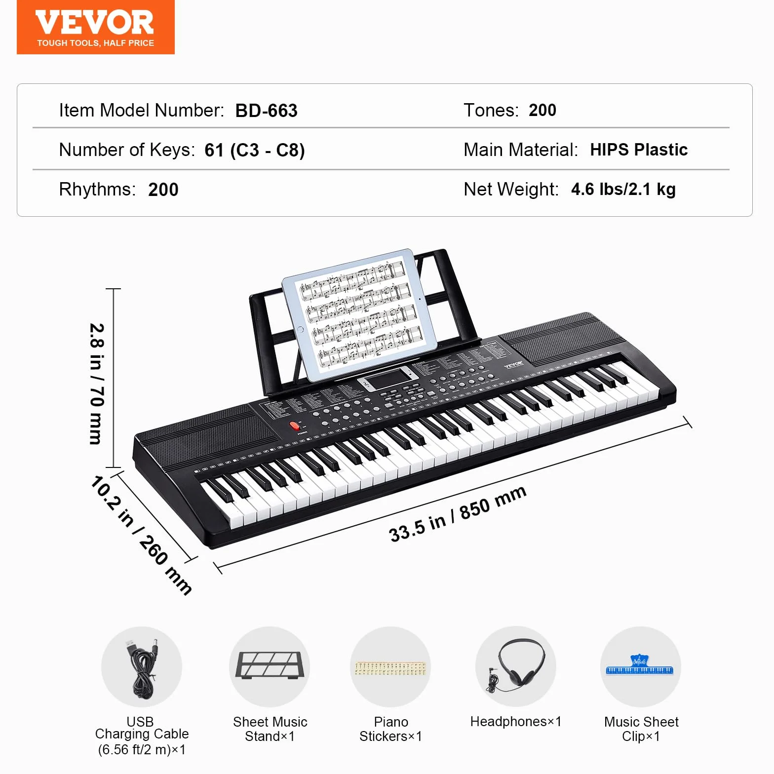 VEVOR Cyfrowy fortepian z 61 klawiszami, 200 dźwiękami, 200 rytmów, przenośny elektryczny zestaw keyboard z 60 piosenkami demo, wbudowanymi podwójnymi głośnikami, słuchawkami, mikrofonem, naklejkami
