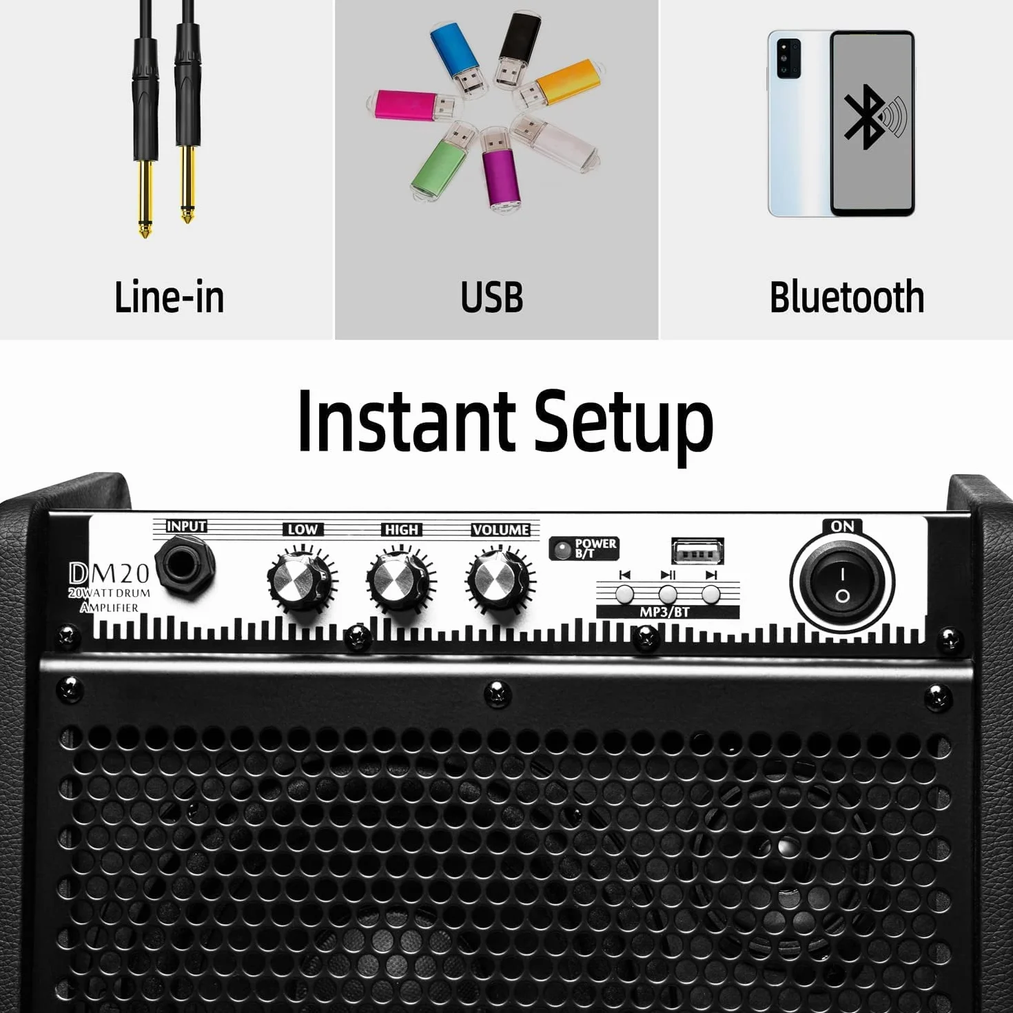 Coolmusic DM20 Bluetooth osobisty wzmacniacz głośnika do elektrycznego wzmacniacza bębna, klawiatury i gitary akustycznej (z przewodem)