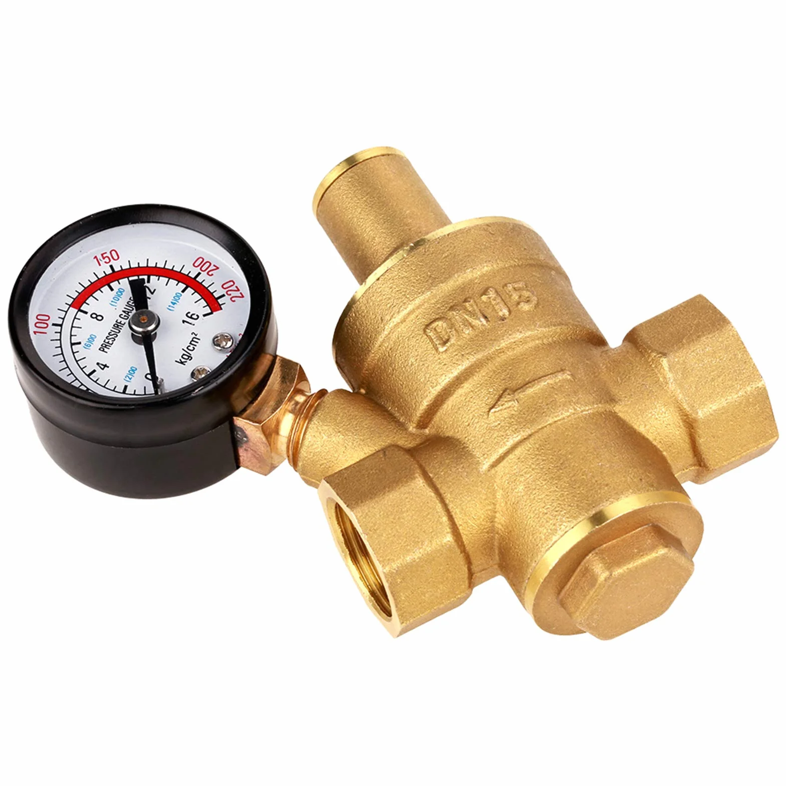 lyrlody Regulator ciśnienia wody z mosiądzu, DN15, regulowany, z manometrem, gwint G, struktura tłokowa, 1,6 MPa, 6,2 x 9 cm