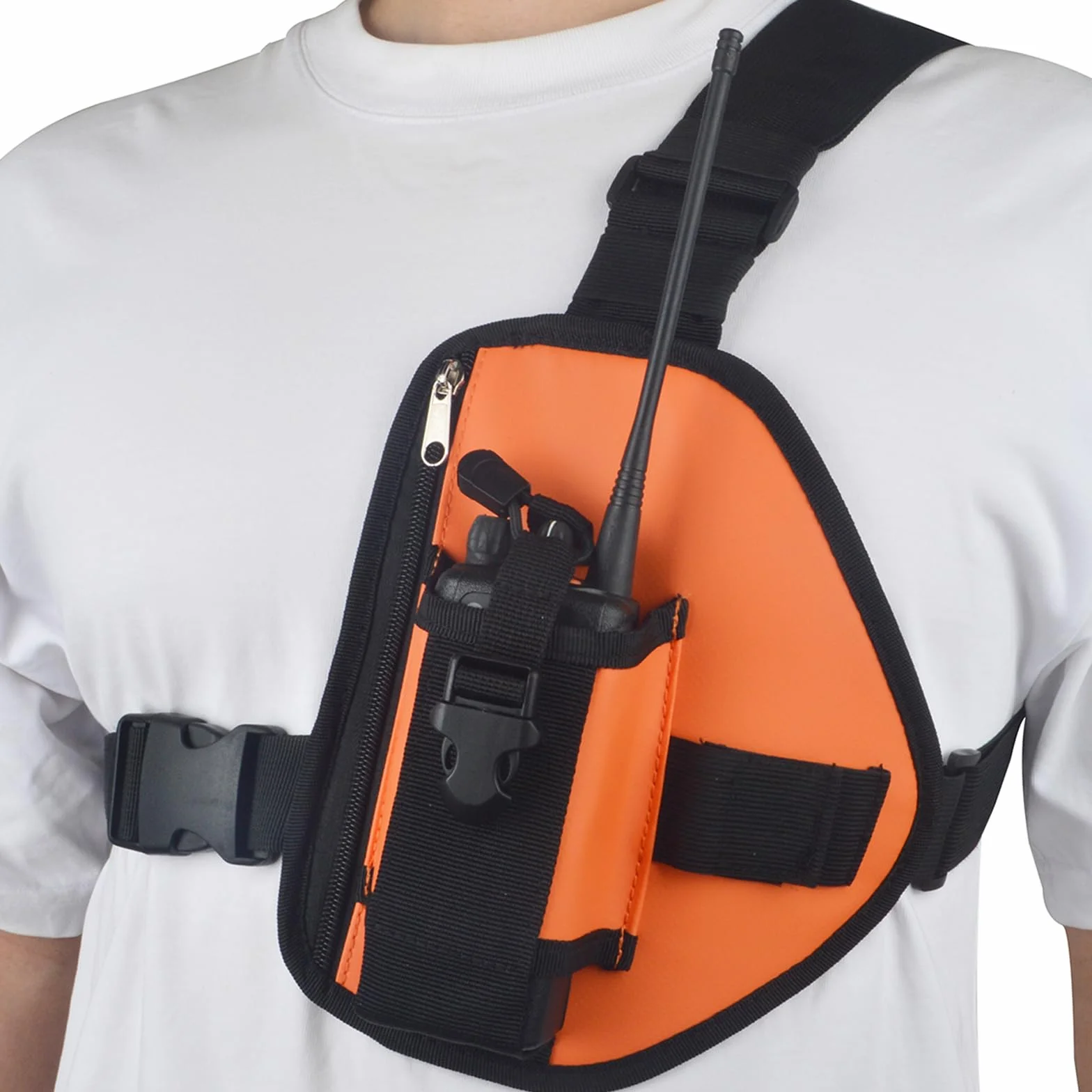 HYS Nylonowa uprząż na klatkę piersiową, regulowany pasek na ramię do wędrówek / użytku taktycznego, lekka torba crossbody z kieszeniami na zamek błyskawiczny, do dwukierunkowego radia Motorola