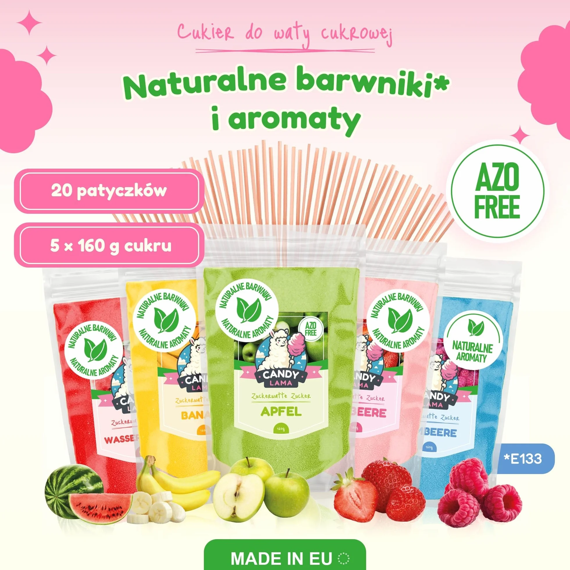 CANDY LAMA Zestaw cukrów do waty cukrowej, zestaw imprezowy 5 x 160g: Truskawka, Malina, Jabłko, Banan i Arbuz, w zestawie 20 patyczków do waty cukrowej, do maszynki