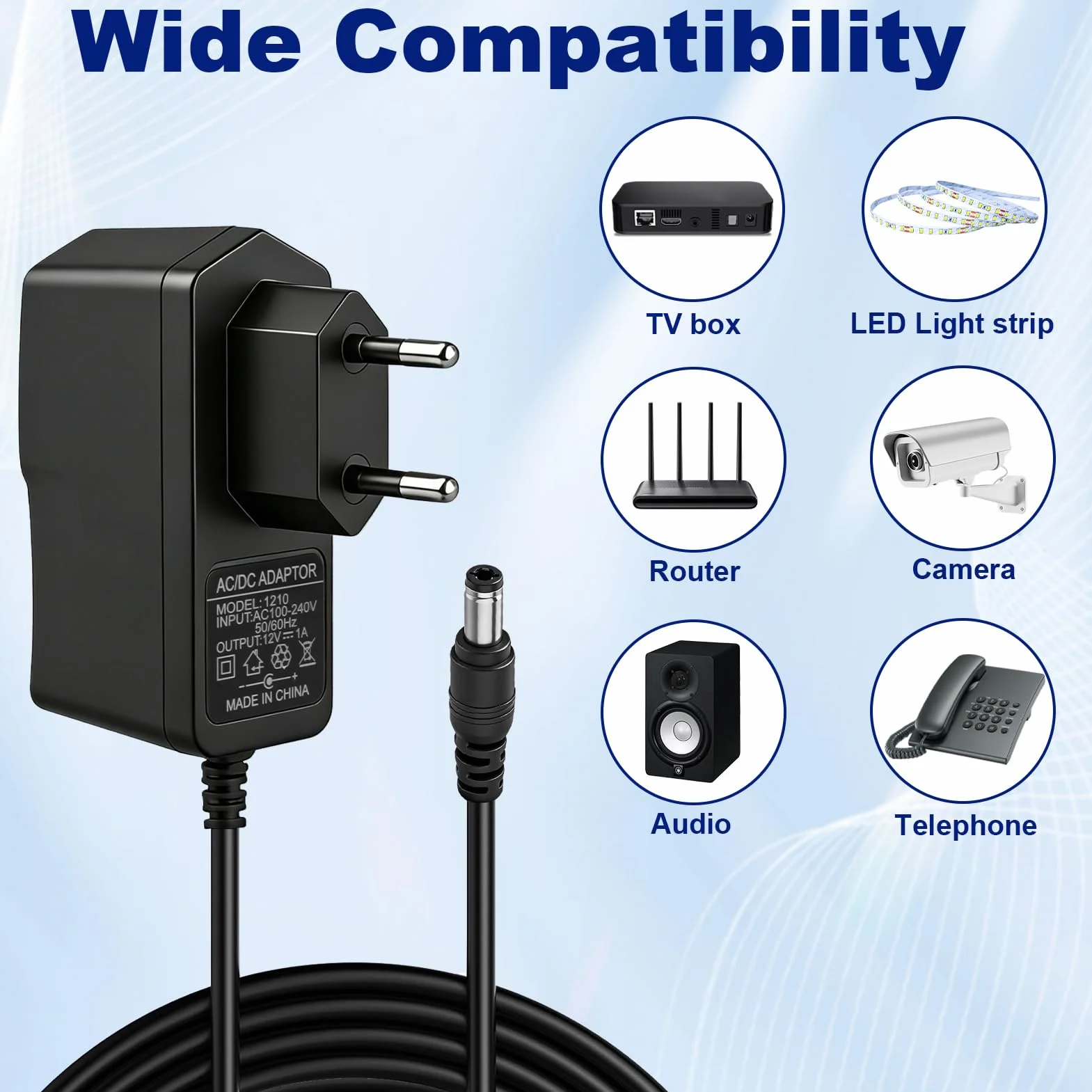 Uniwersalny zasilacz sieciowy 12 V, 12 W, zasilacz AC 100-240 V 50/60 Hz, 12 V uniwersalny zasilacz ze złączem 5,5 x 2,5 mm, ładowarka do taśm LED TV Box, router, 1 M