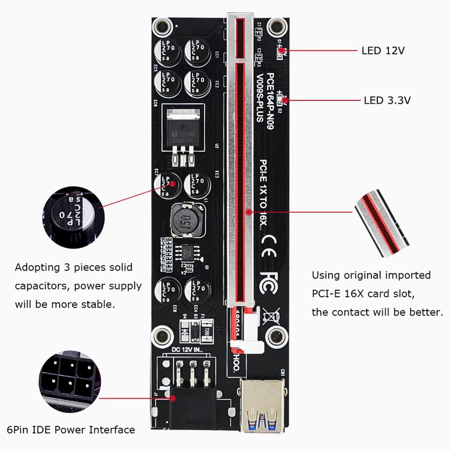 60 szt. VER009S Plus PCI-E karta riser PCIE 1X do 16X przedłużacz 1 m 0,6 m 0,3 m kabel USB 3.0 SATA na 6-pinowy przewód zasilający SATA (0,3 m)