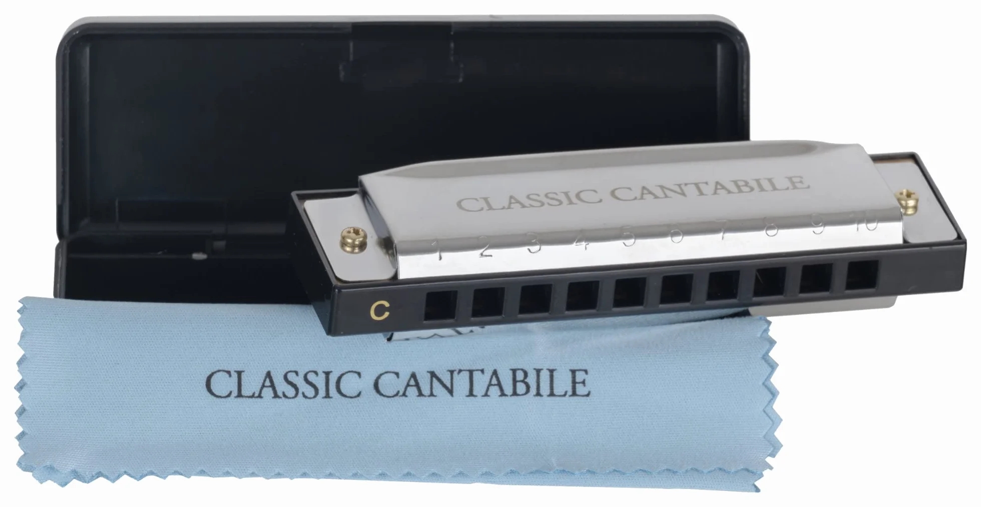 Classic Cantabile AHB-150 ECO Alabama Blues Harmonica C-Dur - harmonijka diatoniczna z 10 mosiężnymi strojami - idealna dla początkujących - chromowana obudowa ze stali nierdzewnej - w zestawie etui i