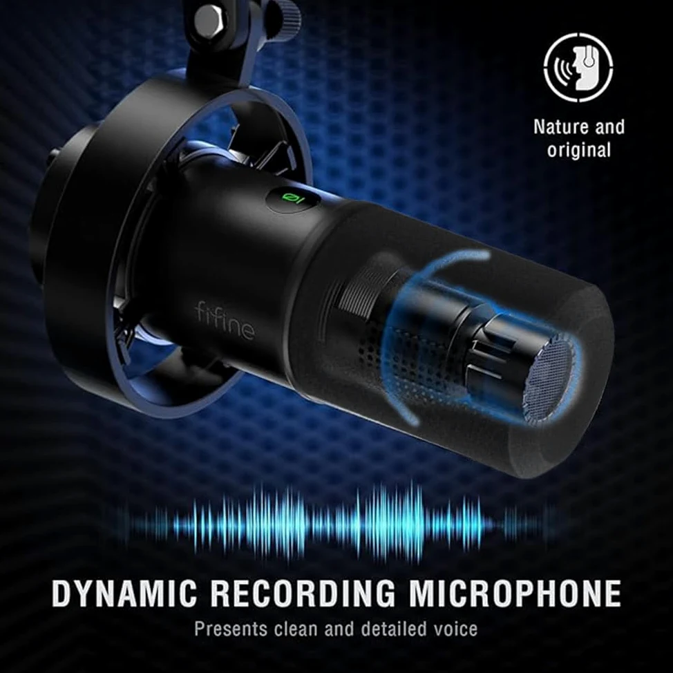 Fifine Dynamic, XLR/USB mikrofon do nagrywania podcastów PC do strumieniowego przesyłania głosu, gier, metalowy mikrofon z wyciszeniem mikrofonu, gniazdo słuchawkowe, regulacja głośności