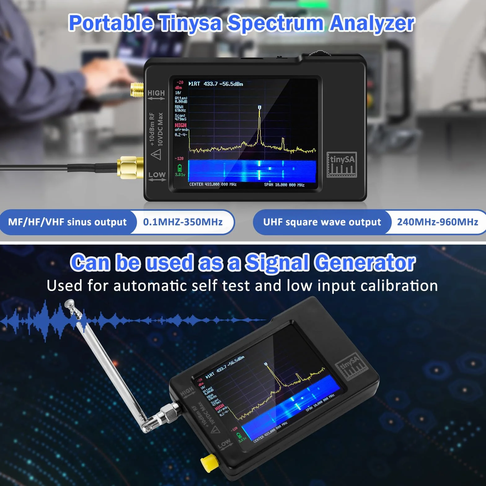 AURSINC Przenośny analizator widma tinySA - zaktualizowany analizator częstotliwości V0.3.1 | Wejście 100 kHz przy 960 MHz MF, HF, VHF UHF | Funkcja ochrony ESD i ekranu dotykowego & 2,8 cala
