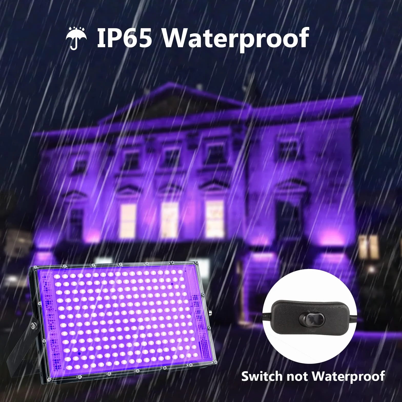 2PCS Reflektor LED z czarnym światłem 150 W, reflektor UV z przełącznikiem, 395-400 nm, wodoszczelność IP65, reflektor na imprezę, do baru, Halloween, akwarium, neonowe kolory, fluorescencyjne efekty
