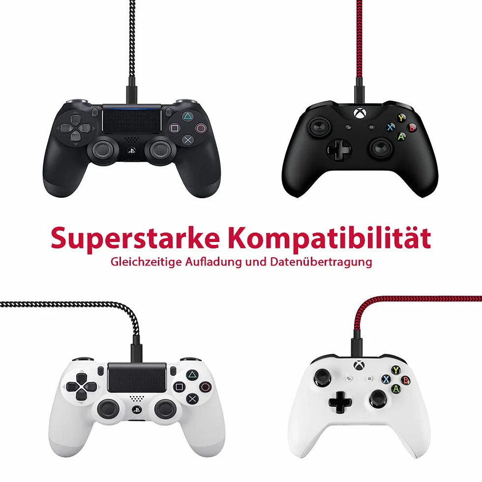 amLifestyle zestaw 2 nylonowych kabli do ładowania PS4, kabel micro USB, kabel do ładowania micro USB, kabel kontrolera, kabel USB do Microsoft Xbox One/One S, kontroler PS4