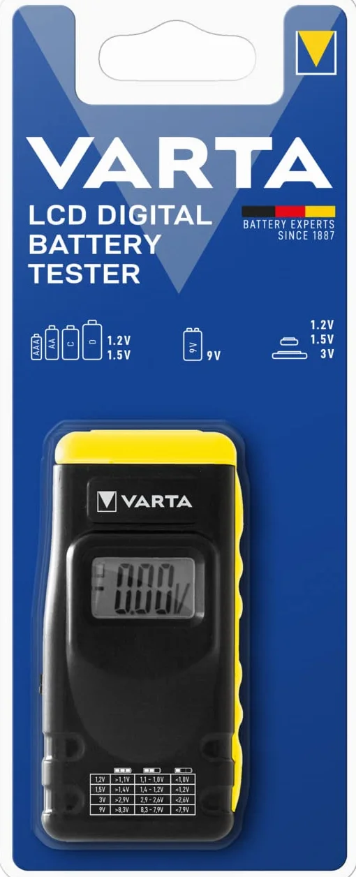 Varta 646 Cyfrowy Tester Baterii, Czarny/Żółty, 3.99 x 1.55 x 8.99 cm