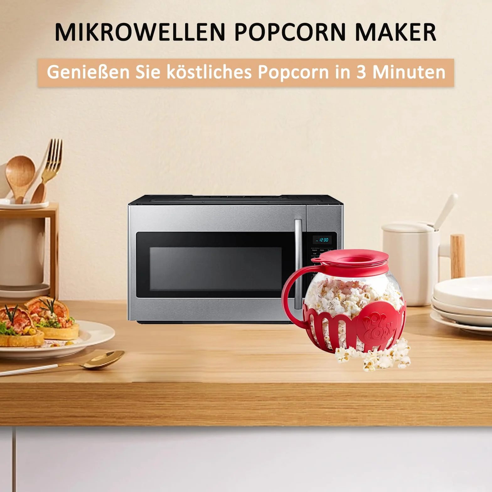 Kuchenka mikrofalowa, słoik na popcorn z pokrywką, 2,13 l, nadaje się do zmywarki, na spotkania, imprezy, piknik, czerwony