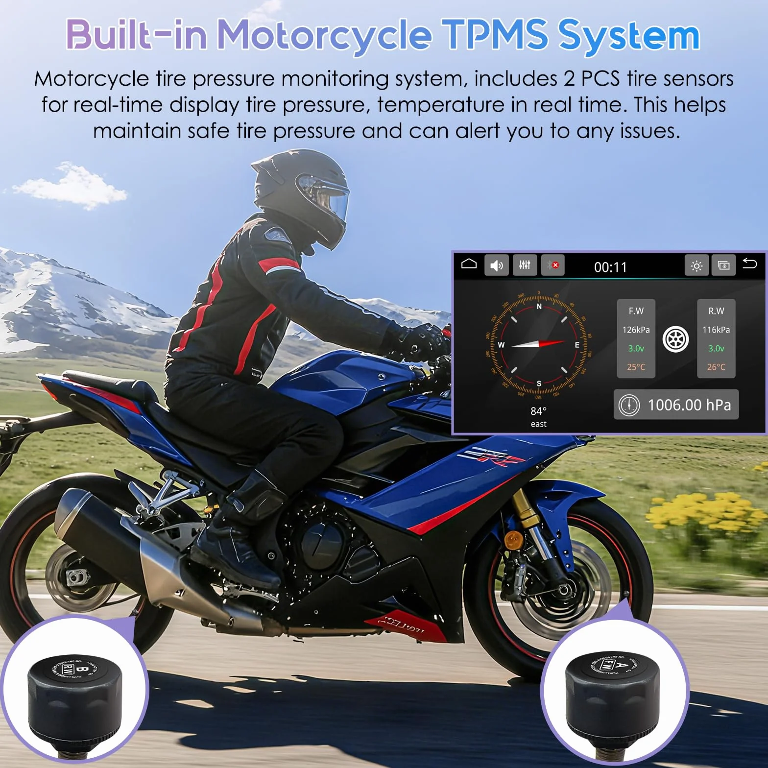 Carpuride W502TPRO do motocykli z CarPlay i Android Auto, TPMS i podwójnym Bluetooth – 5-calowy wodoodporny ekran nawigacji GPS do motocykli, interkom, korektor, czujnik światła, kompas, barometr