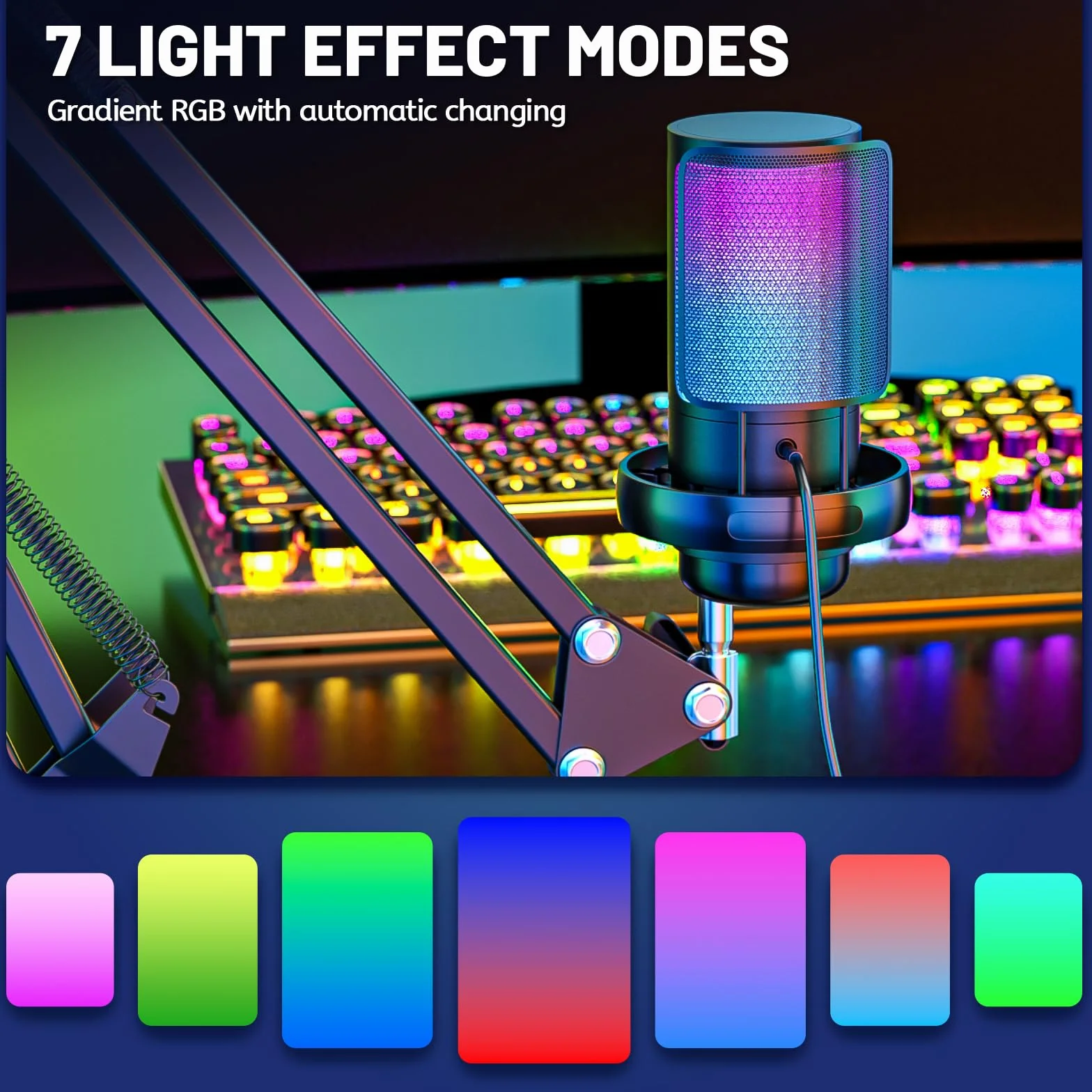 Anykuu RGB Mikrofon pojemnościowy 24 bit / 192 kHz, mikrofon de gier z 7 zmiennymi światłami, jeden przycisk wyciszający USB, mikrofon z kondensatorem i ramieniem do gier, studio, YouTube, podcastów