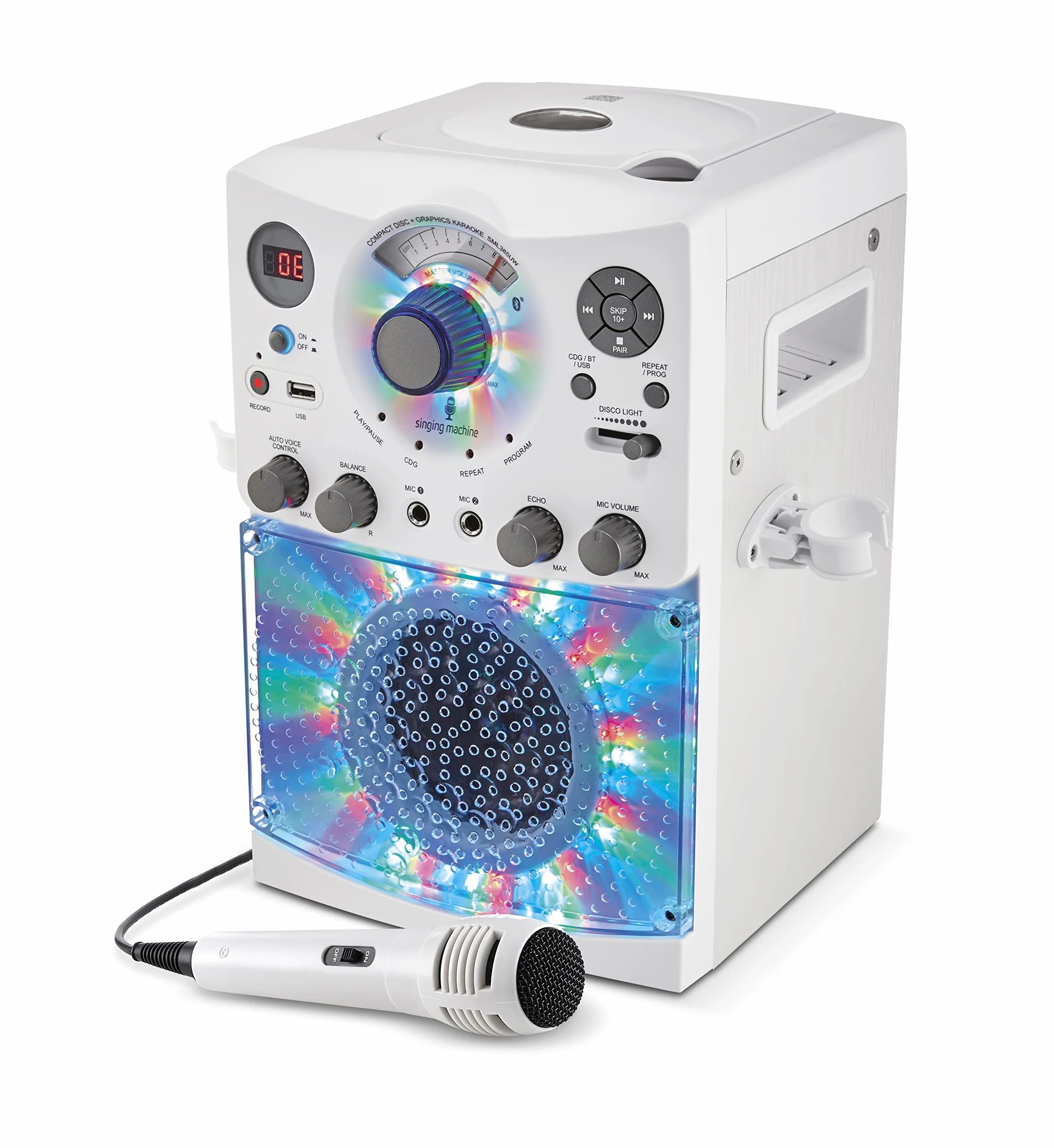 Singing Machine SML385U system karaoke ze złączem Bluetooth – biały dla Europy – efekty świetlne LED, mikrofon, USB, wyjścia RCA, regulator echa i równowagi oraz wejście AUX.