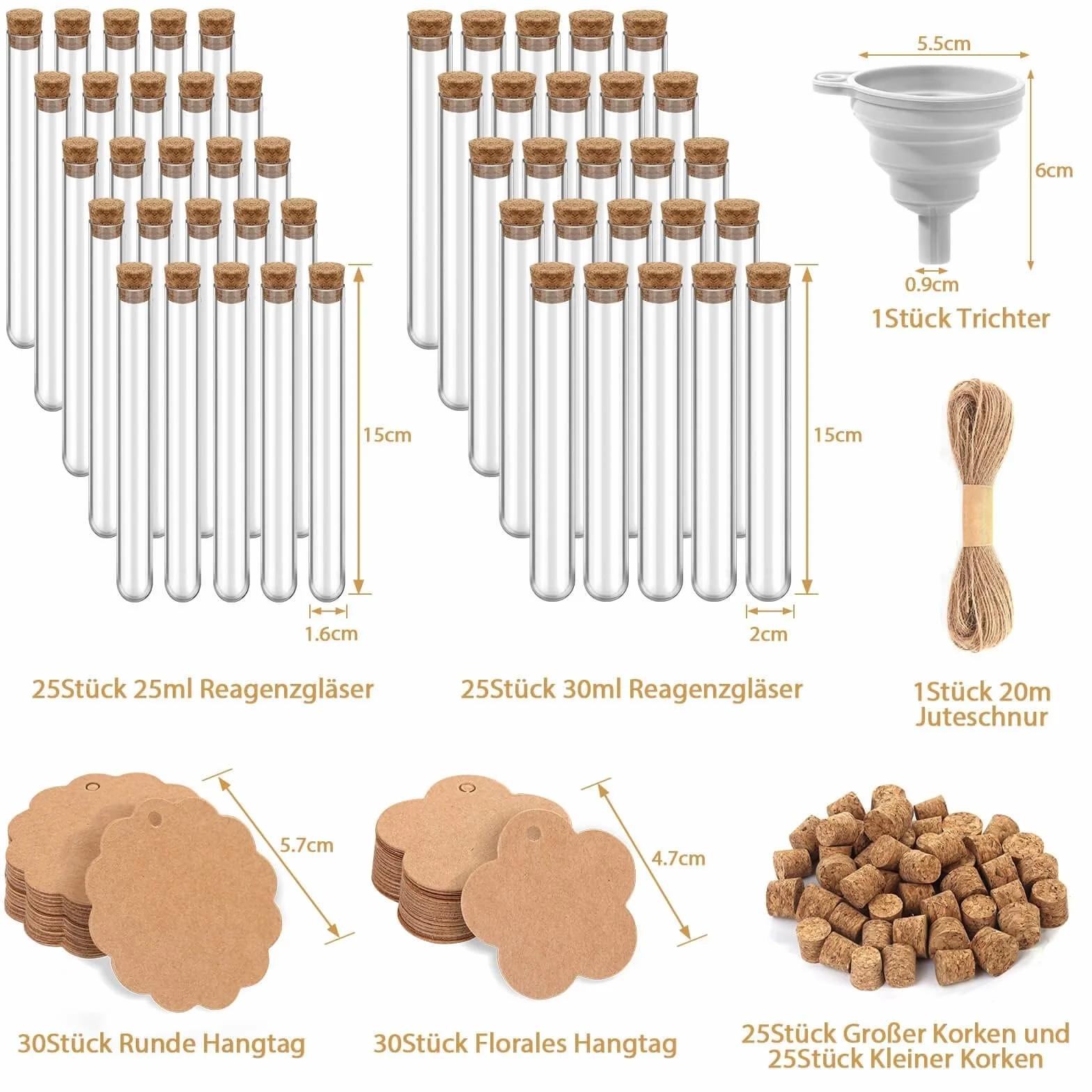 modacraft 50 sztuk dużych probówek z korkiem na słodycze, kwiaty, sól do kąpieli, prezenty dla gości weselnych, 25 szt. 30 ml i 25 szt. 25 ml, tworzywo sztuczne, probówka, 60 szt., zawieszka 20 m sznurek jutowy lejek