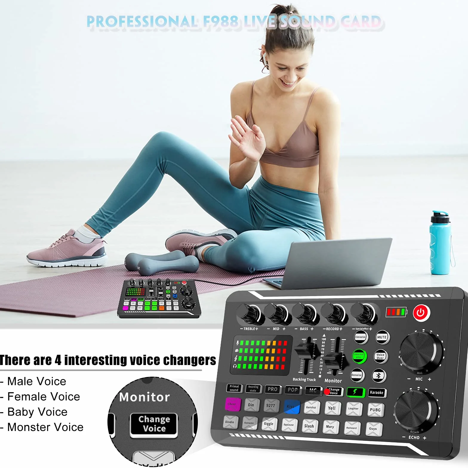 ALLWIN Karta dźwiękowa na żywo i interfejs audio z efektami miksera DJ i zmieniaczem głosu, mikser audio stereo Bluetooth F998, do strumieniowania na żywo YouTube, komputera, studia nagrań i gier