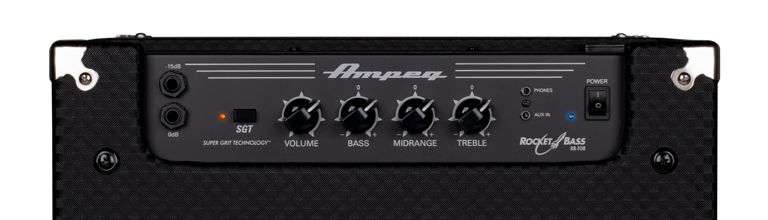AMPEG RB-108 Wzmacniacz Combo do Gitary Basowej – 30W do Ćwiczeń z Preampem AMPEG Legacy, Overdrive SGT, EQ 3-Pasmowym, Wejściem AUX, Wyjściem Słuchawkowym i Głośnikiem 1x8" – Czarny