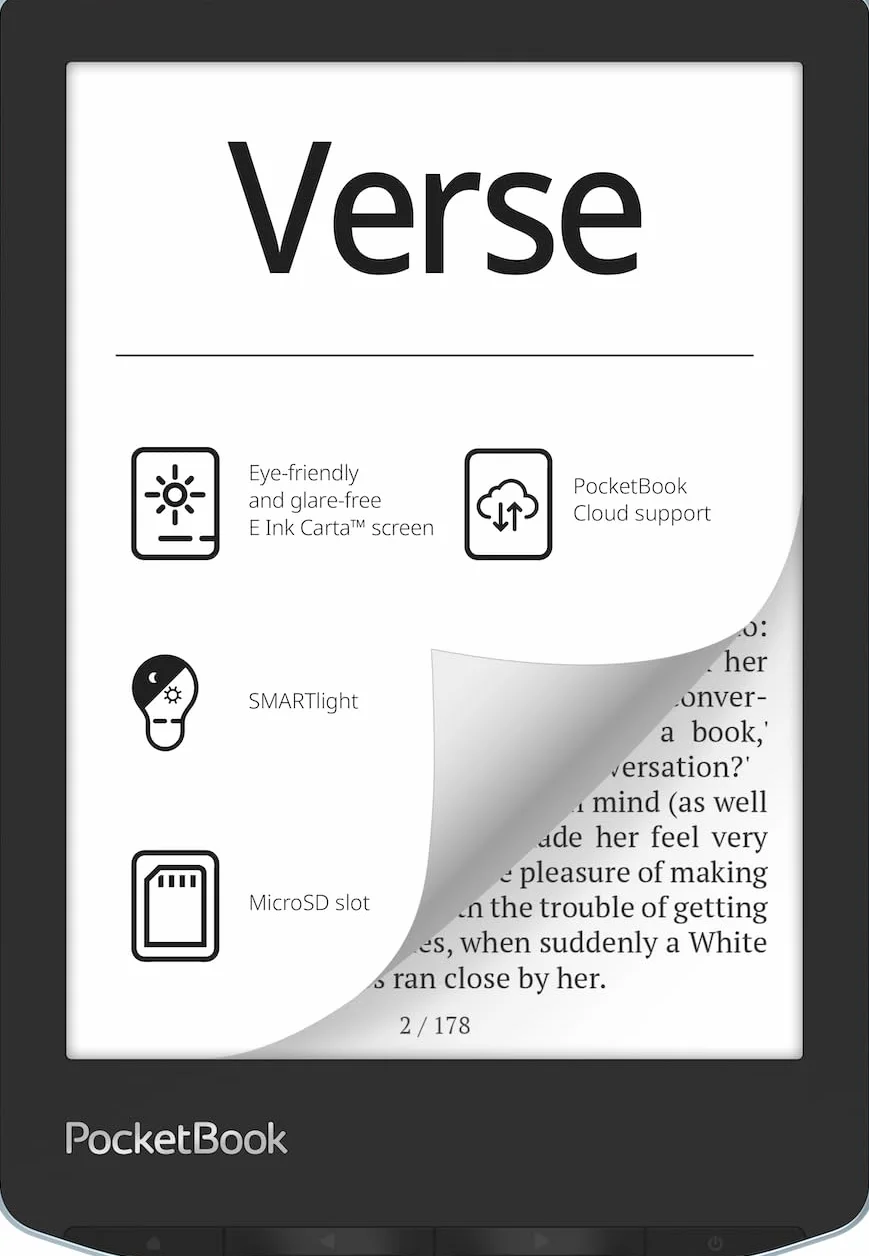 Czytnik e-booków PocketBook Verse | Przyjazny dla oczu 6'' dotykowy ekran E-Ink Carta™ HD | Regulowane podświetlenie SMARTlight | Nawet miesiąc pracy na baterii | Wi-Fi i na kartę pam | mglistoszary