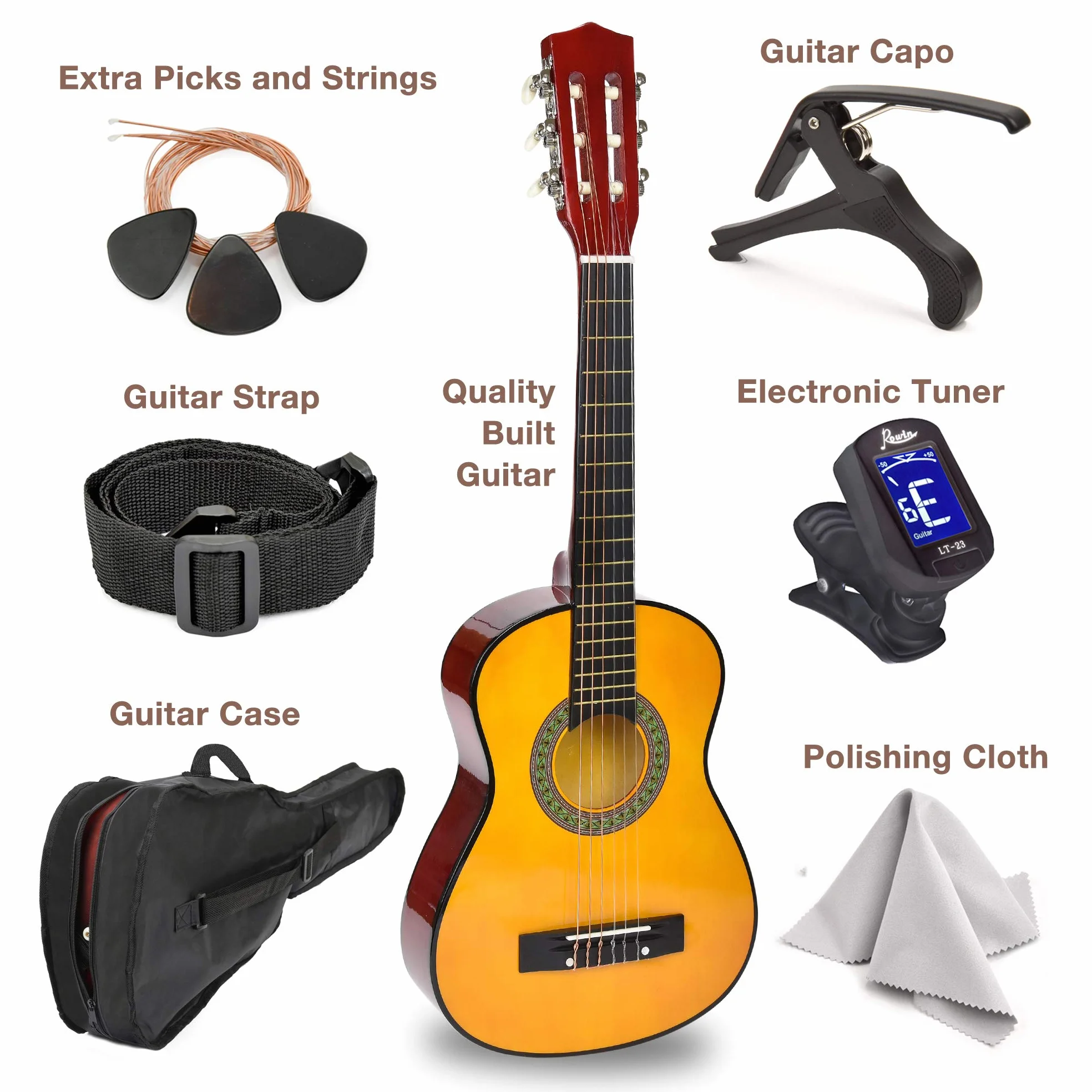 Drewniana gitara dla leworęcznych, 30 cali, z futerałem i akcesoriami, dla dzieci, dziewcząt, chłopców, nastolatków, początkujących (drewno)