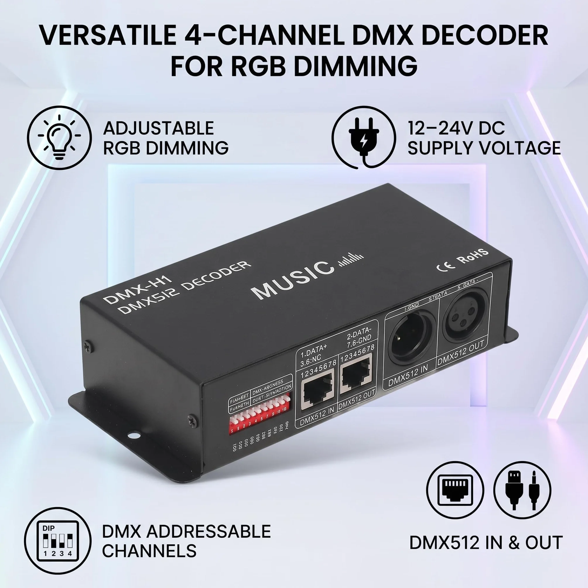 DMX Decorder, Kontroler Dekodera DMX 512 LED, 4-kanałowy Sterownik RGBW LED Strip Light DC12V-24V z Angielską Instrukcją Obsługi, Studyjny Sprzęt do Nagrywania(8A na kanał)