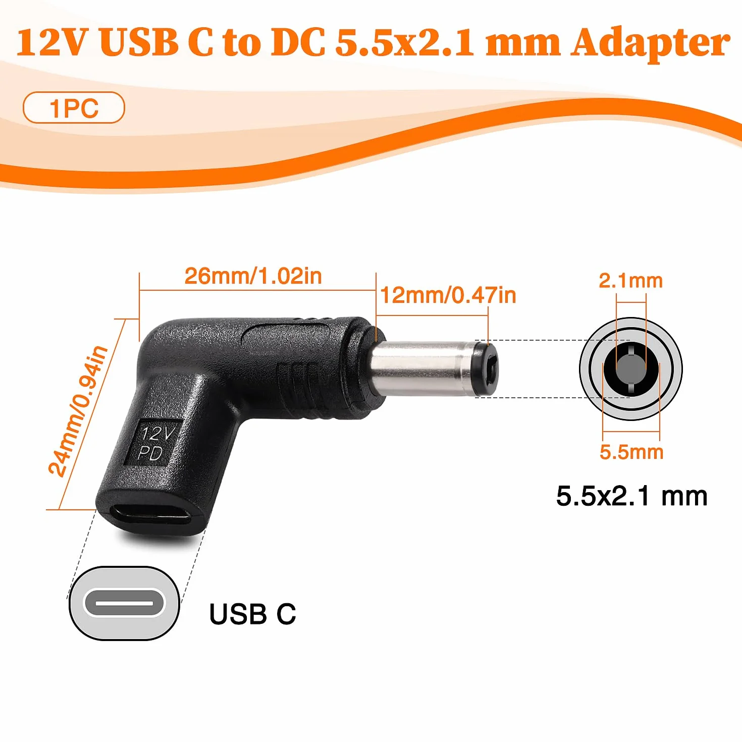 USB C do DC 12V Adapter, USB 3.1 Typu C USB-C Żeński do DC 5.5x2.1 mm Męski Adapter PD Emulator Trigger 90 Stopni Kątowy, do Routerów, Modemów Optycznych, Sprzętu Monitorującego