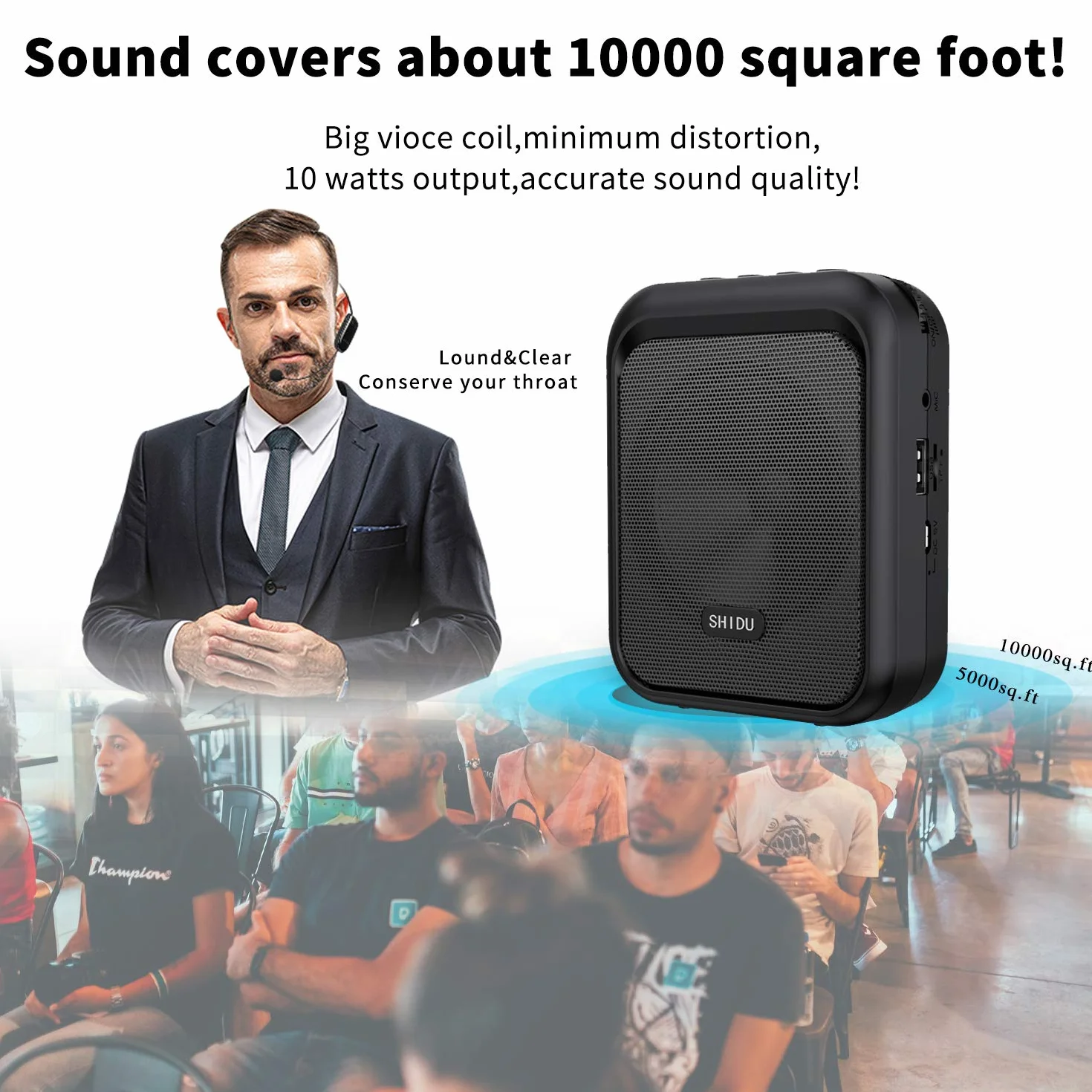 SHIDU mini przenośny głośnik Bluetooth wzmacniacz głosu z bezprzewodowym słuchawkami UHF system nagłośnienia 10W 1800mAh, piosenkarz, taksówkarz kierowca, szkolenie, przewodnik turystyczny