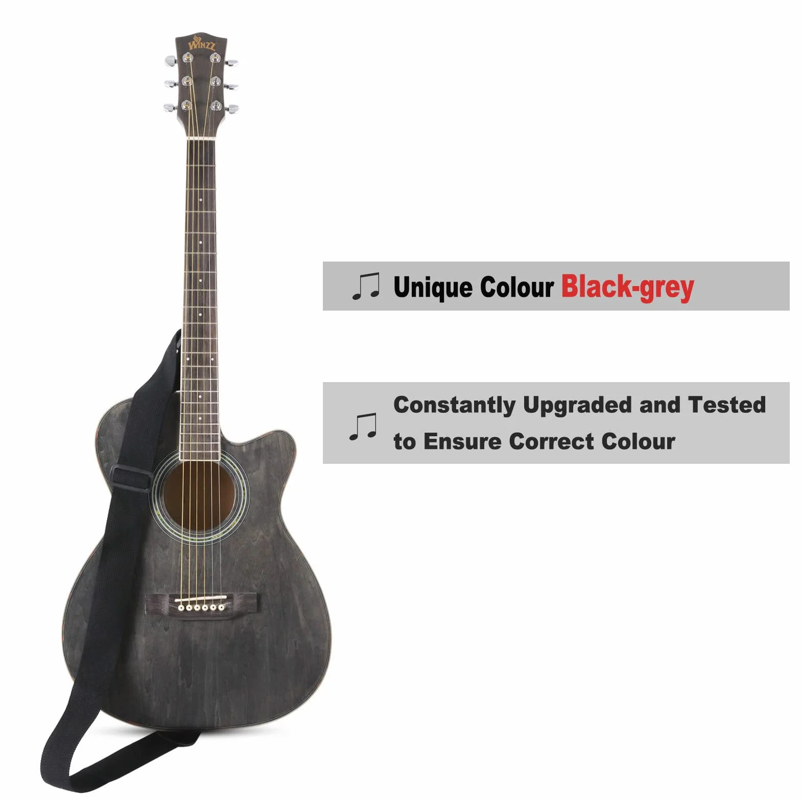 Winzz gitara akustyczna dla dzieci 3/4, gitara Western, Czarno-szary, 36”, zestaw dla początkujących