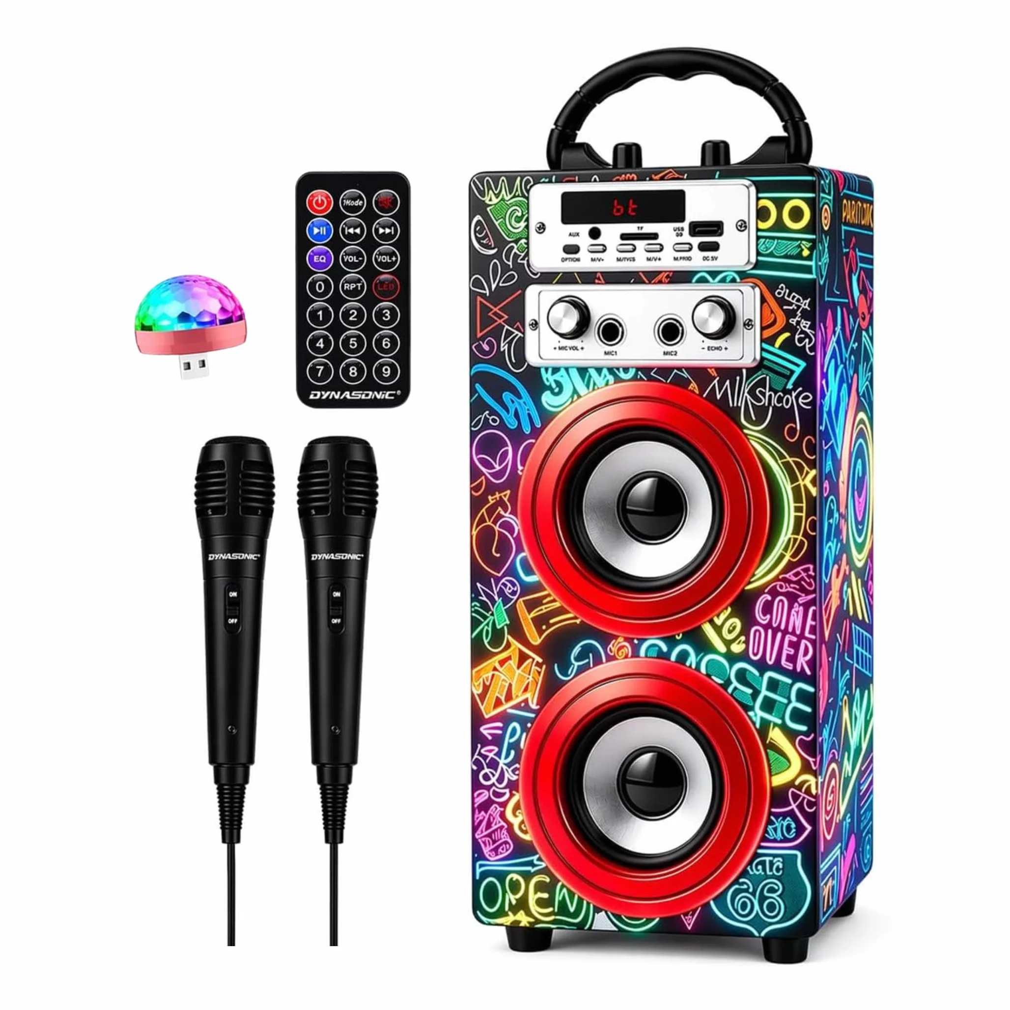 DYNASONIC Przenośna maszyna do karaoke Bluetooth 2 mikrofony światła czytnik USB SD