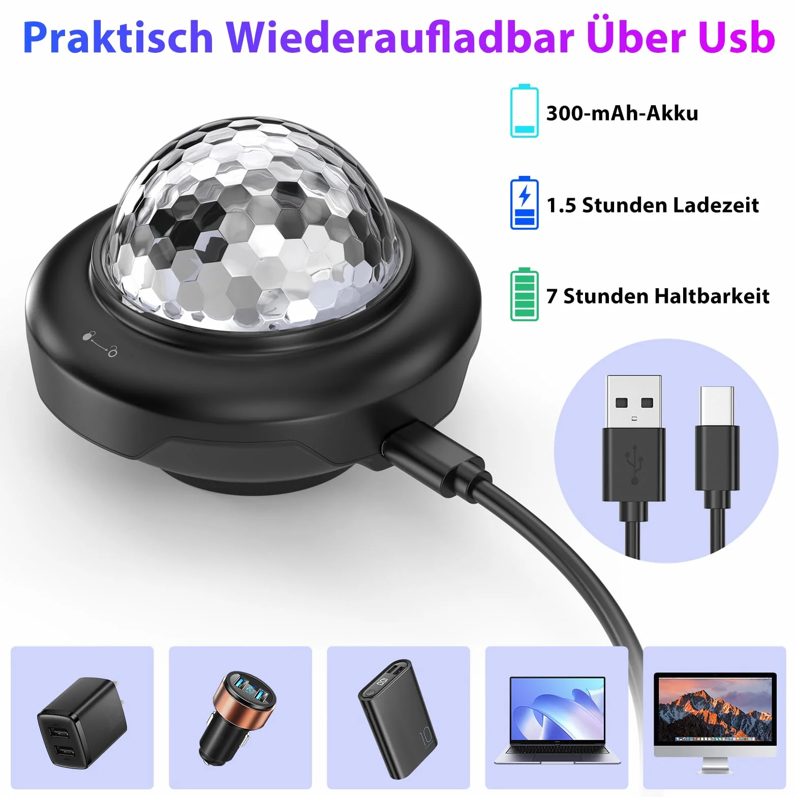 Mini kula dyskotekowa, SEBRUANC światło dyskotekowe na imprezę, 300mAh wbudowany akumulator, USB C, sterowanie muzyką, świetlna kula DJ z nocnym światłem na przyjęcia, urodziny dzieci, święta Bożego