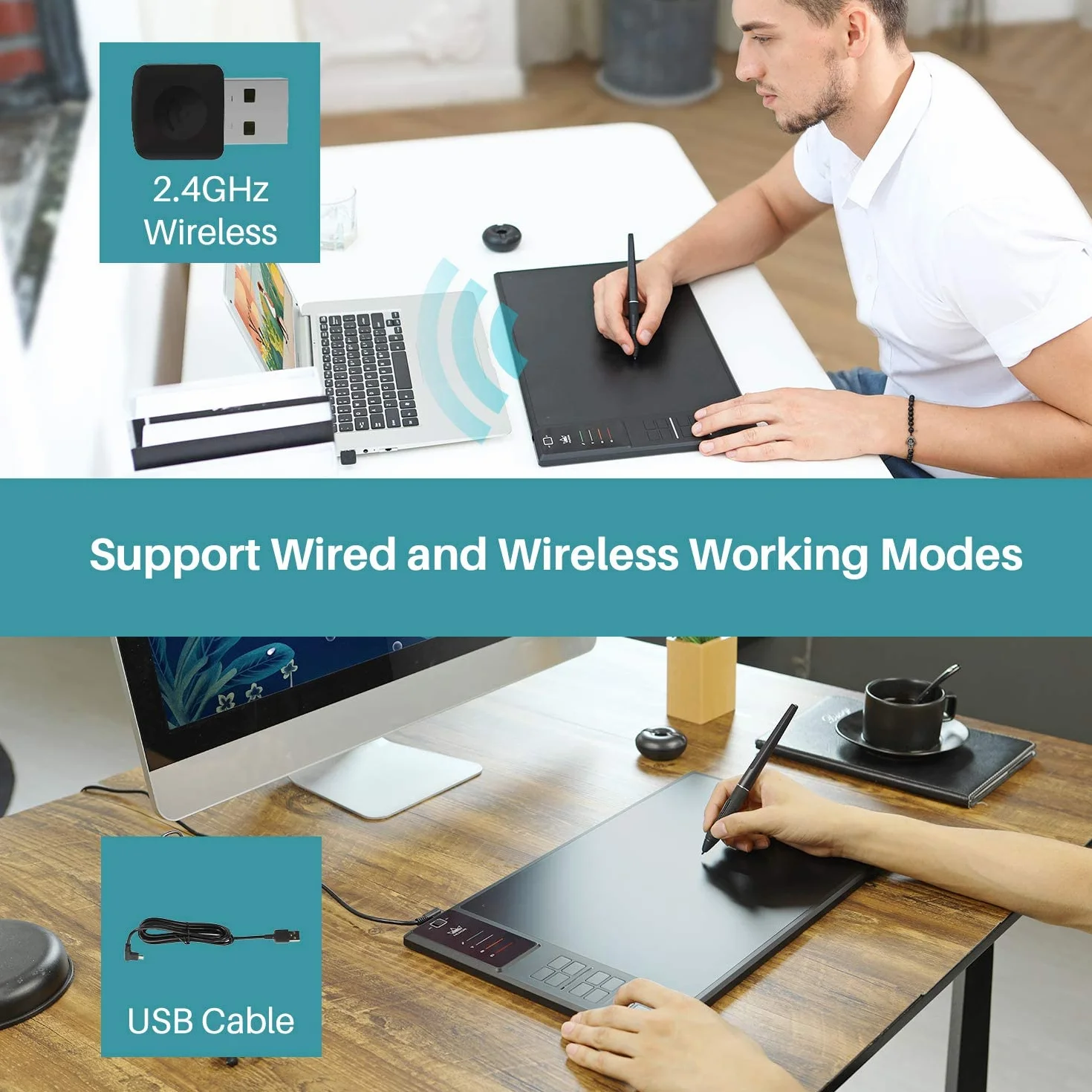 HUION WH1409 V2 tablet graficzny bez baterii w trybie przewodowym i bezprzewodowym z 8192 poziomami czułości nacisku, 12 przycisków ekspresowych połączonych z funkcją Tilt