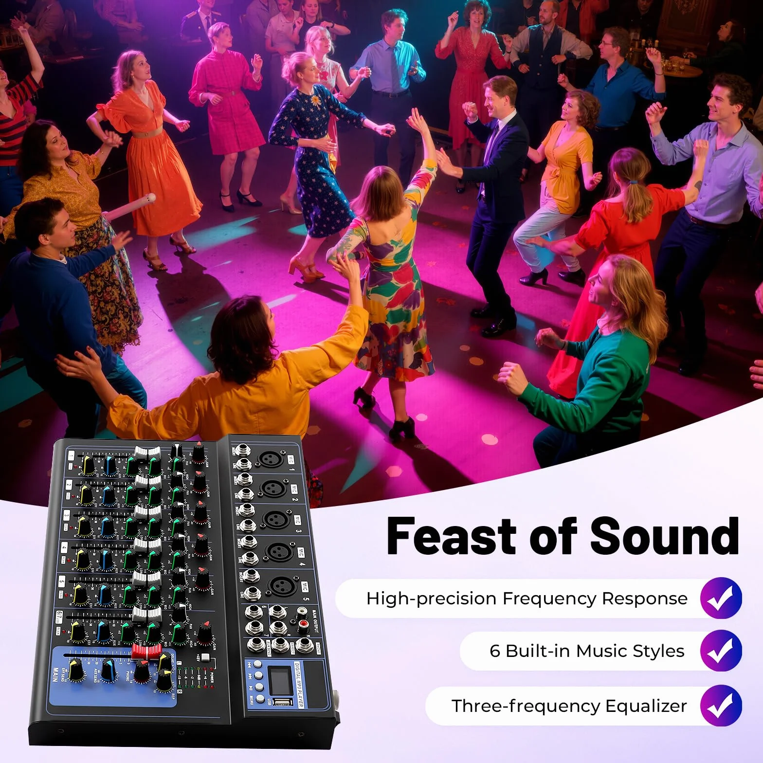 MINRS Mikser audio Bluetooth, 7-kanałowy, mikser DJ Live Studio z konsolą USB, 6 trybów muzyki, do studia produkcji muzyki, barów i scen, dla początkujących i profesjonalistów
