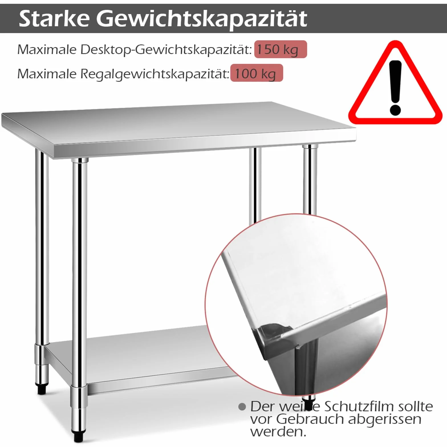 COSTWAY Stół Kuchenny Ze Stali Nierdzewnej Z Półką o Regulowanej Wysokości, Roboczy, Gastronomiczny, Przygotowawczy Z Półblatem (92 x 61 x 90 cm)