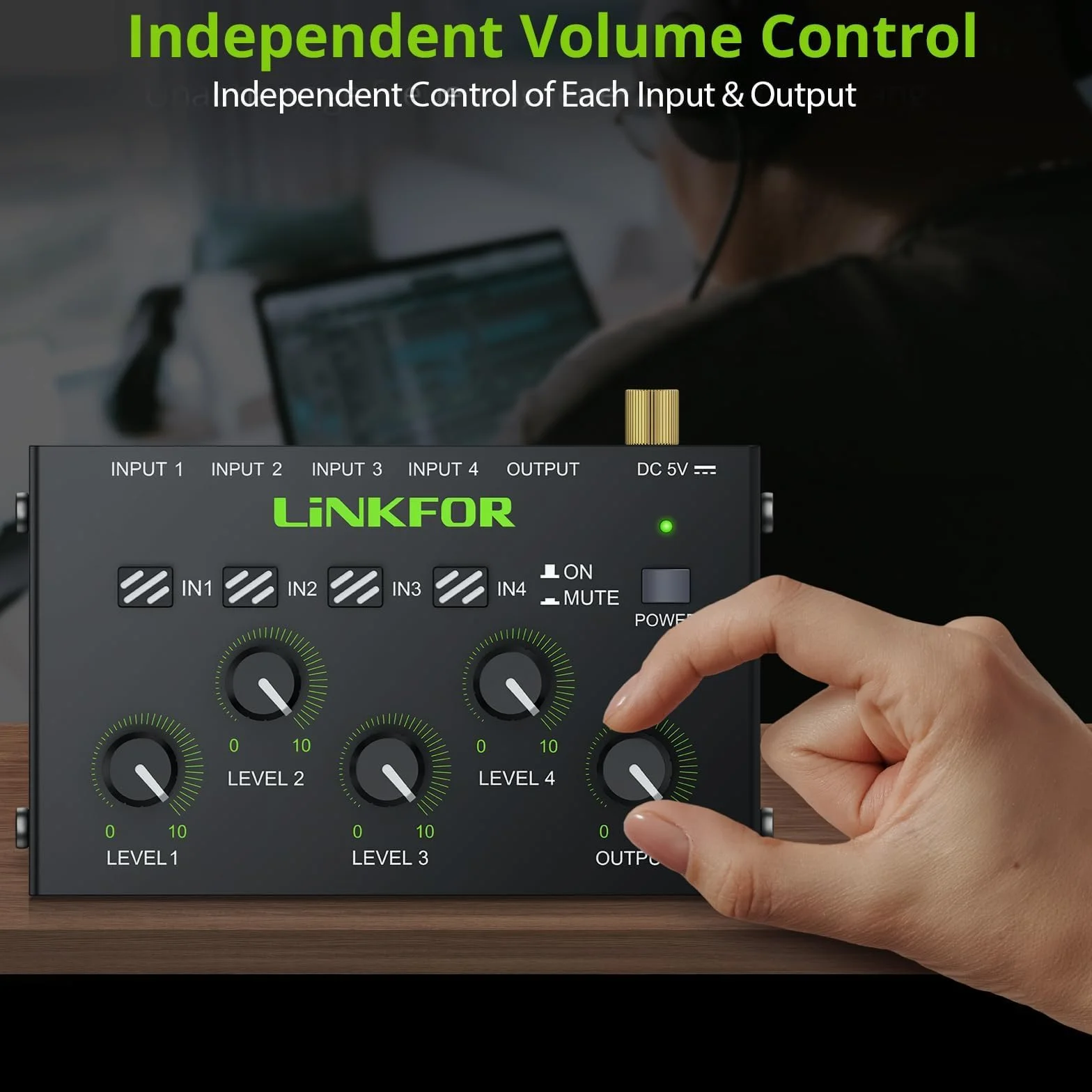 LiNKFOR 4-kanałowy mikser aktywny, 3,5 mm, mikser audio 4 w 1-out, mikser stereo z certyfikatem Master Volume zasilacz sieciowy, cicha, niezależna regulacja głośności do wzmacniaczy PC