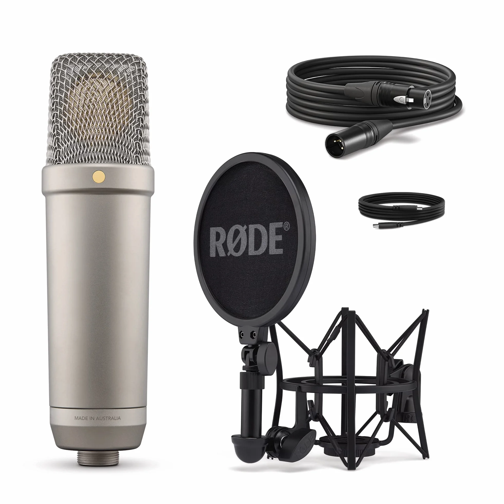 RØDE Studyjny mikrofon pojemnościowy NT1 5. generacji z dużą membraną, wyjściami XLR i USB, mocowaniem antywstrząsowym oraz pop filtrem do produkcji muzycznej, nagrywania wokalu i podcastów, Srebrny